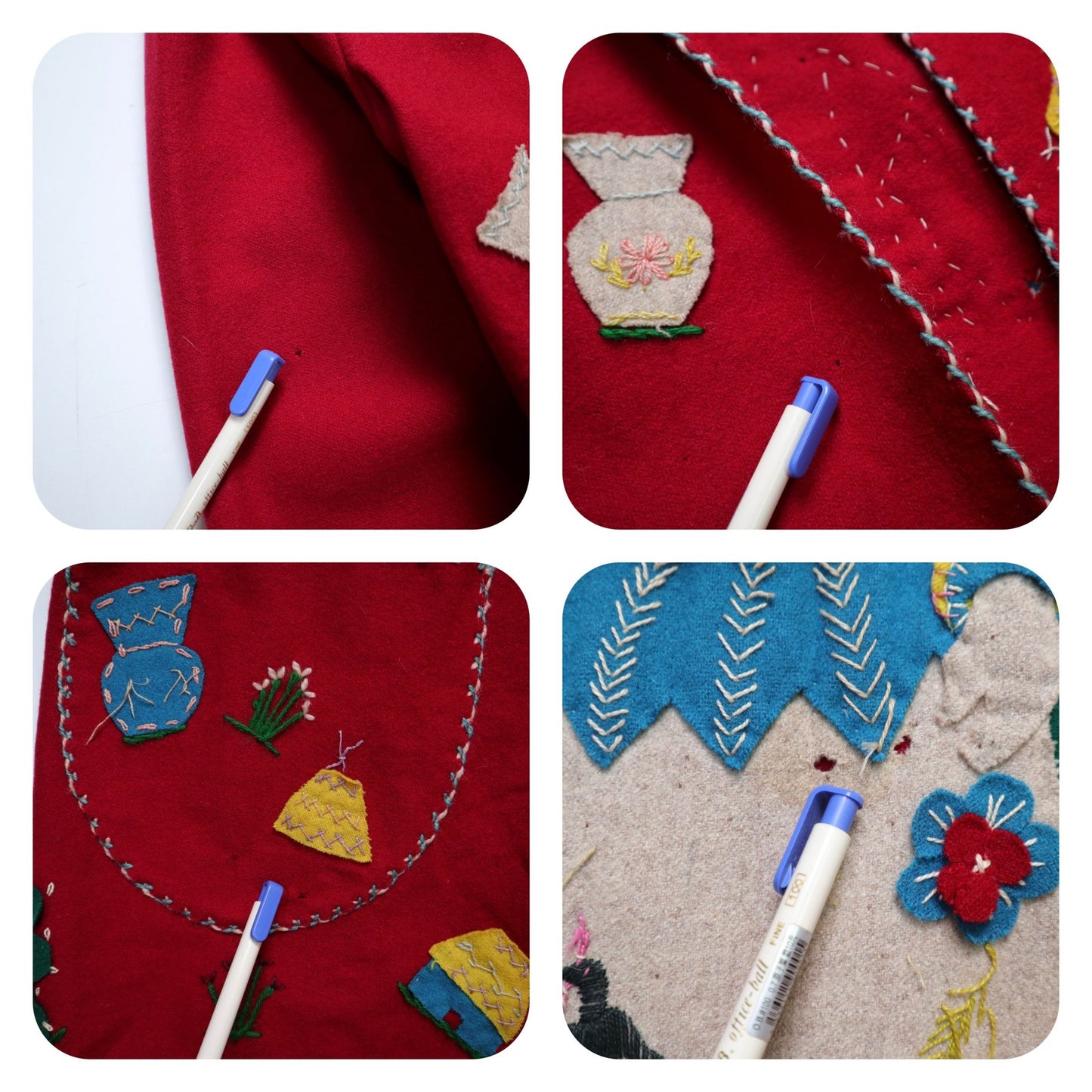 1940s Lopez 墨西哥紅色拚布刺繡羊毛紀念外套 - 富士鳥古著