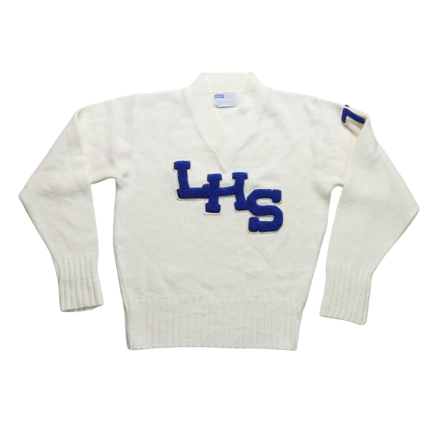 70's AMF 白色V領校園針織衫 Letterman Sweater 套頭針織毛衣 - 富士鳥古著