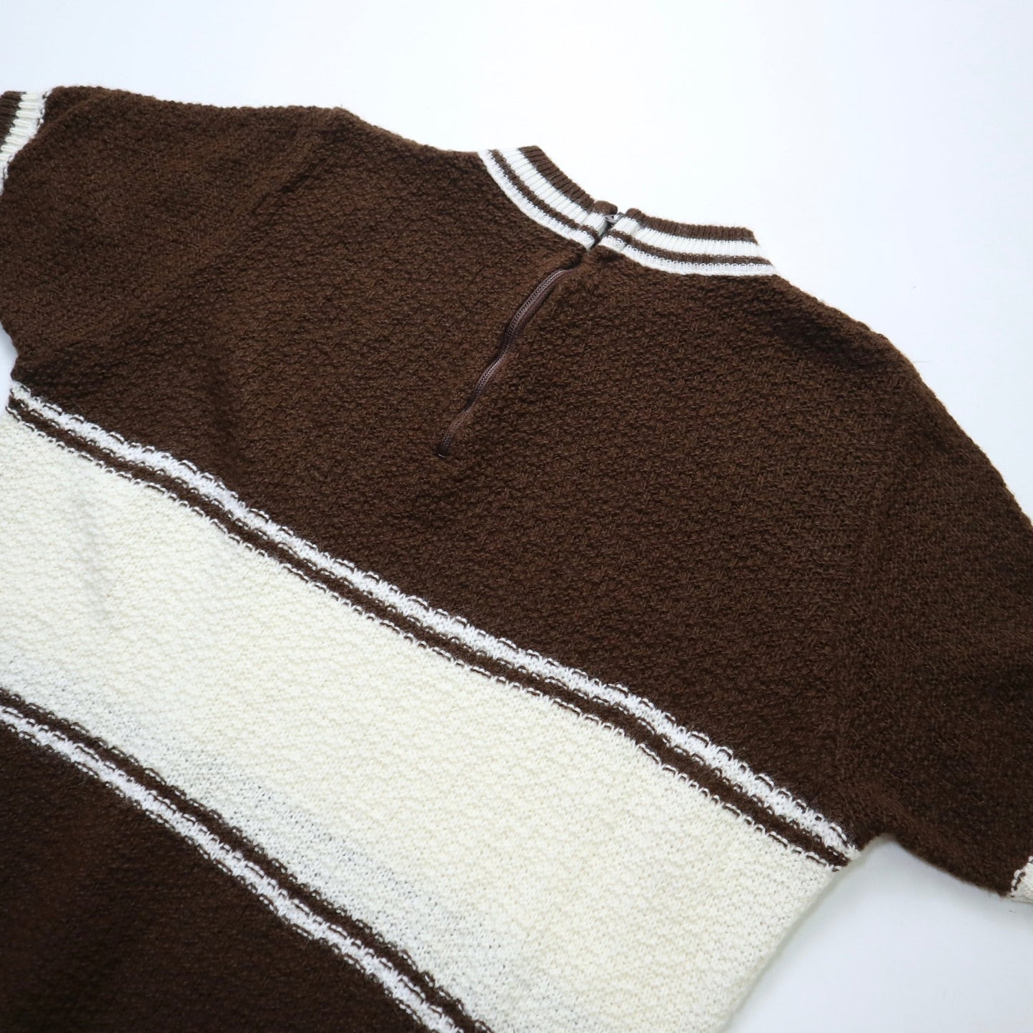 70s 咖啡色條紋女生休閒粗針織衫 Talon拉鍊 - 富士鳥古著