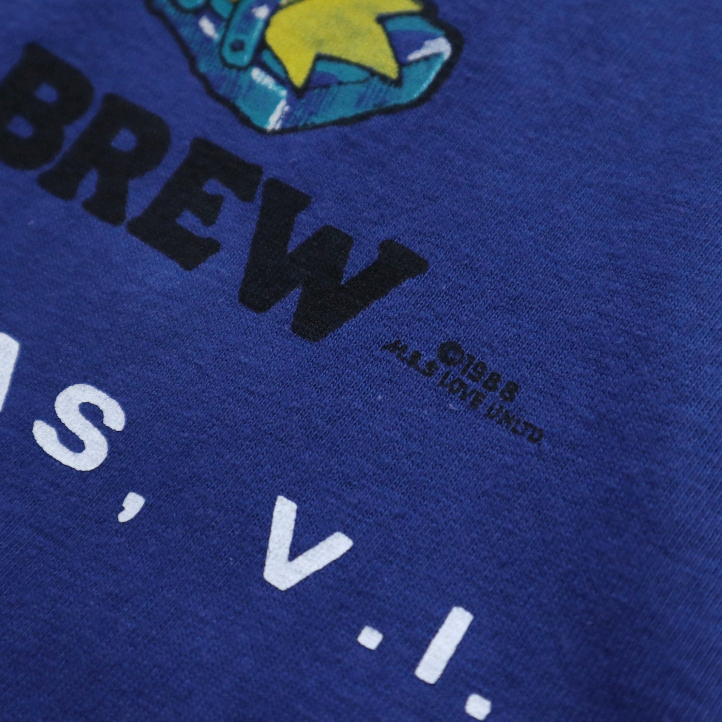 80s 美國製 聖托馬斯島COOL BREW 藍底鴨子膠印tee - 富士鳥古著
