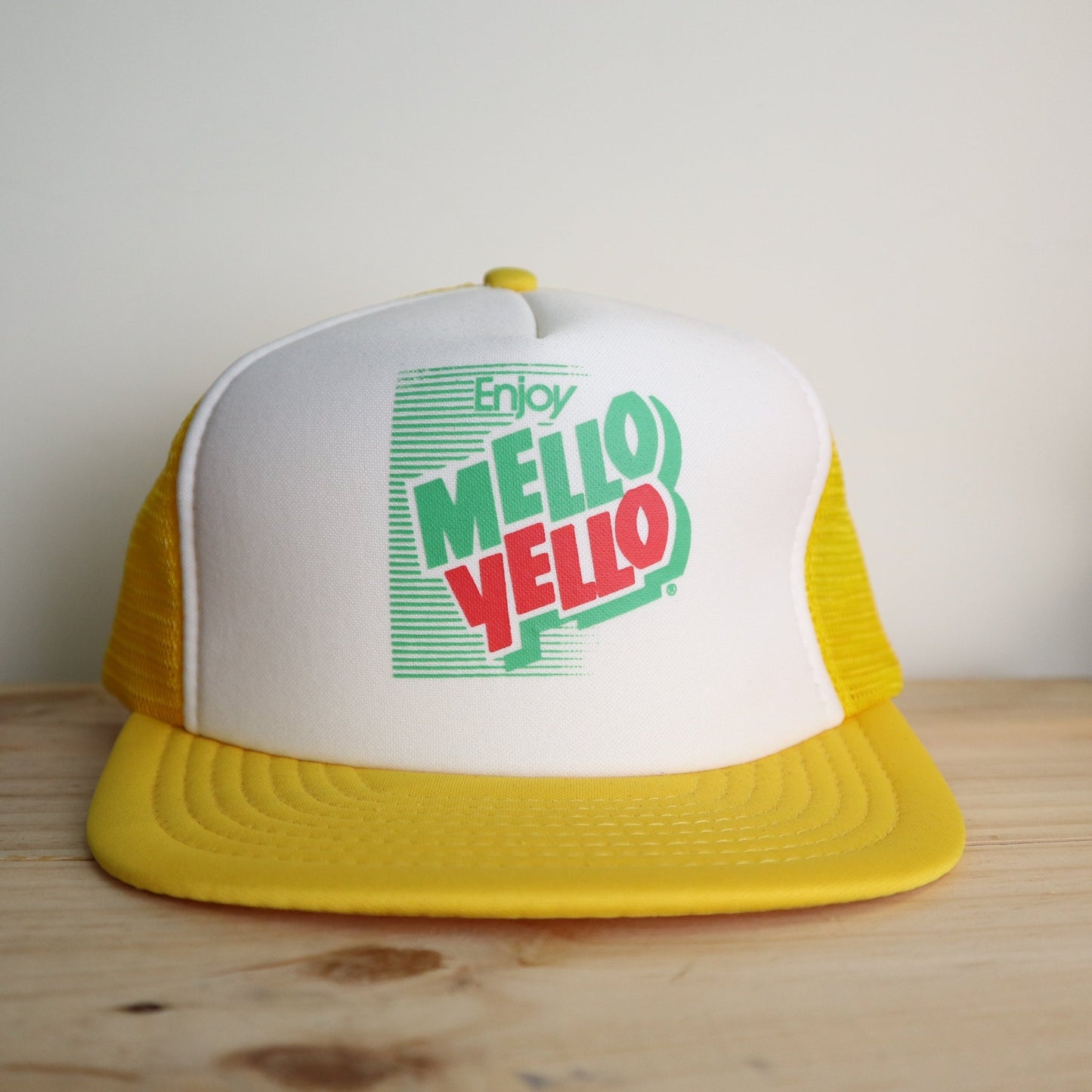 80s 台灣製 Mello Yello 檸檬碳酸飲料 黃白拼色卡車司機網帽 - 富士鳥古著