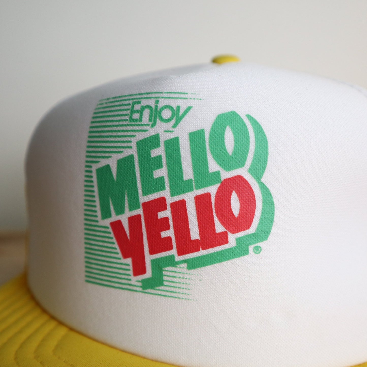 80s 台灣製 Mello Yello 檸檬碳酸飲料 黃白拼色卡車司機網帽 - 富士鳥古著