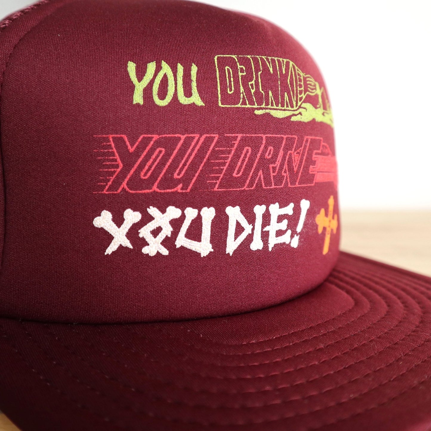 80s "YOU DRINK YOU DRIVE YOU DIE" 酒紅色卡車司機帽 - 富士鳥古著