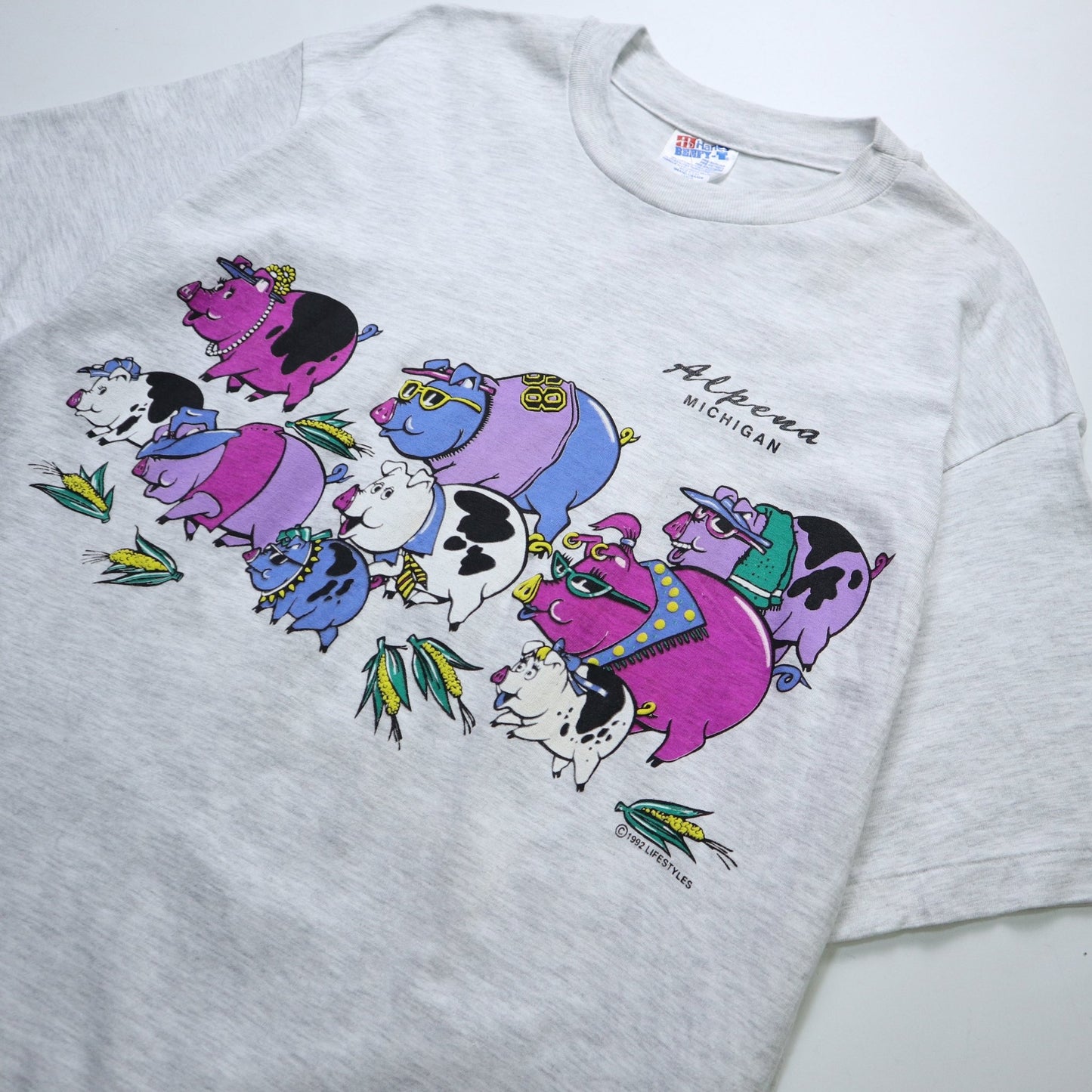 90s Hanes 美國製 密西根州Alpena卡通豬tee*庫存新品 - 富士鳥古著