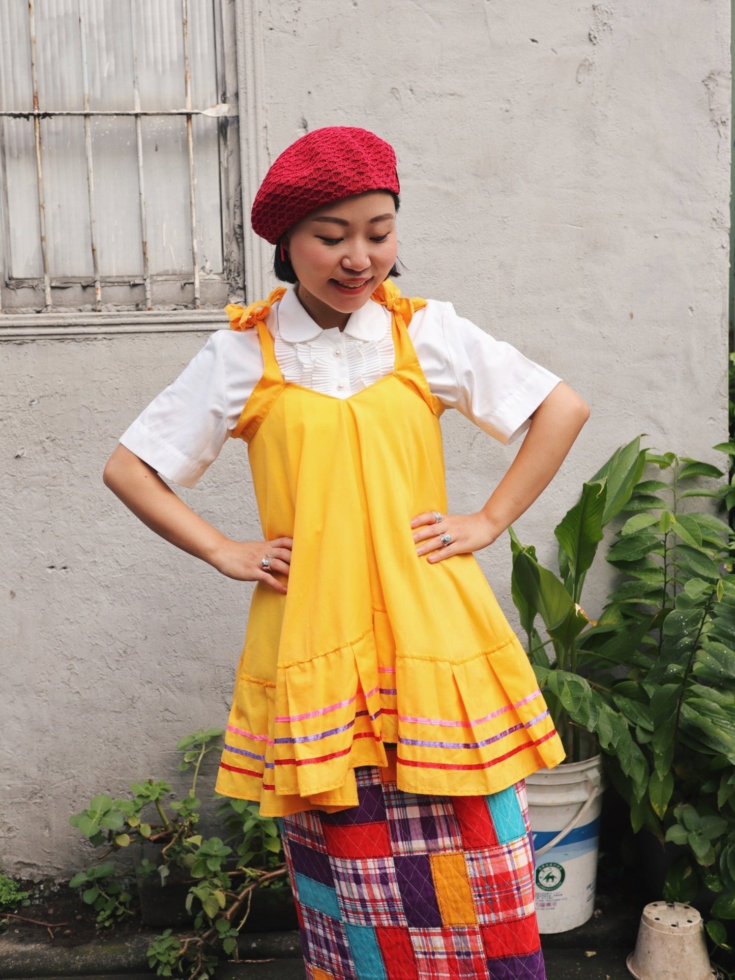 黃色綁帶滾邊背心 - 富士鳥古著