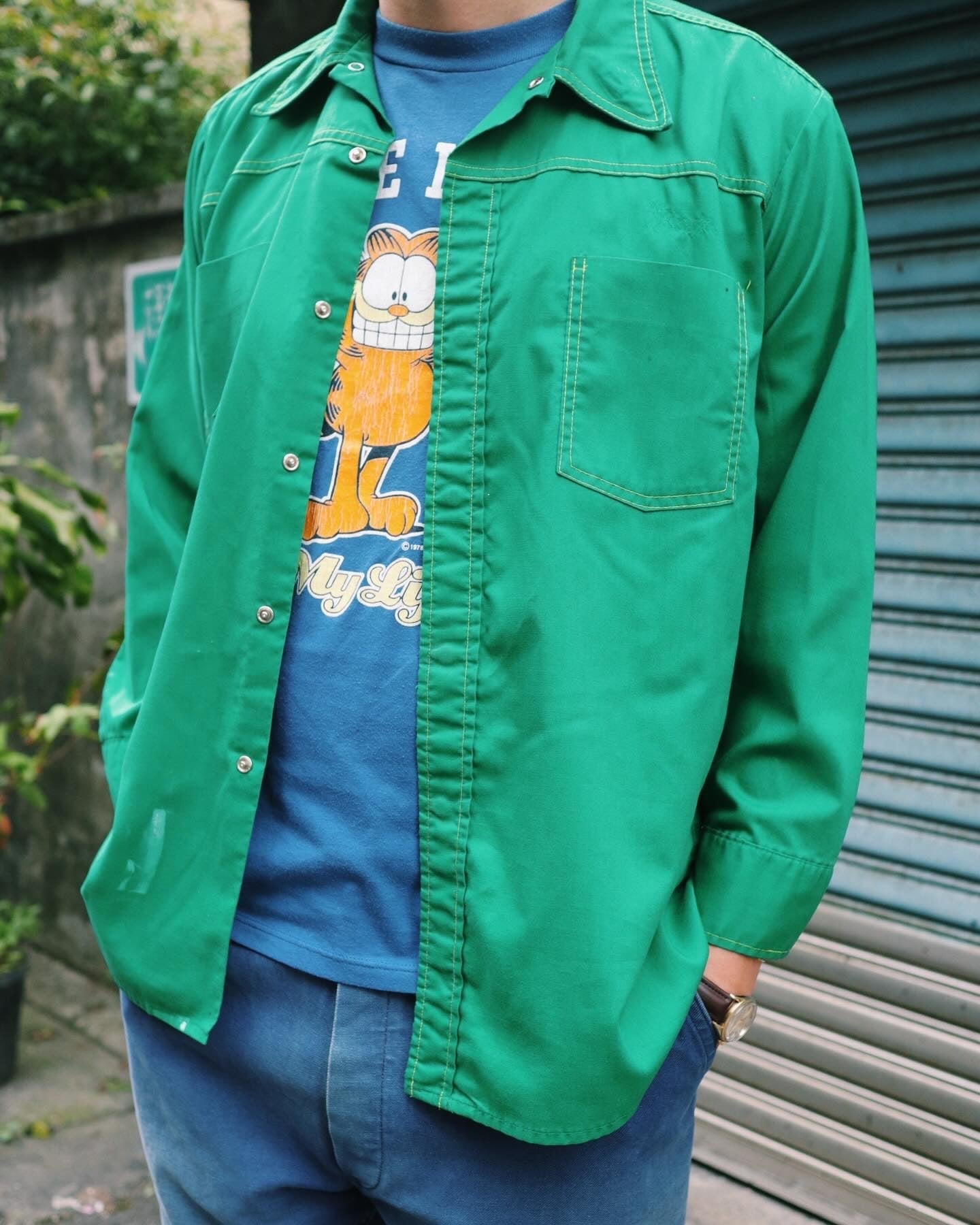 1970s 綠色鎖鍊繡箭領工作襯衫 Union made - 富士鳥古著