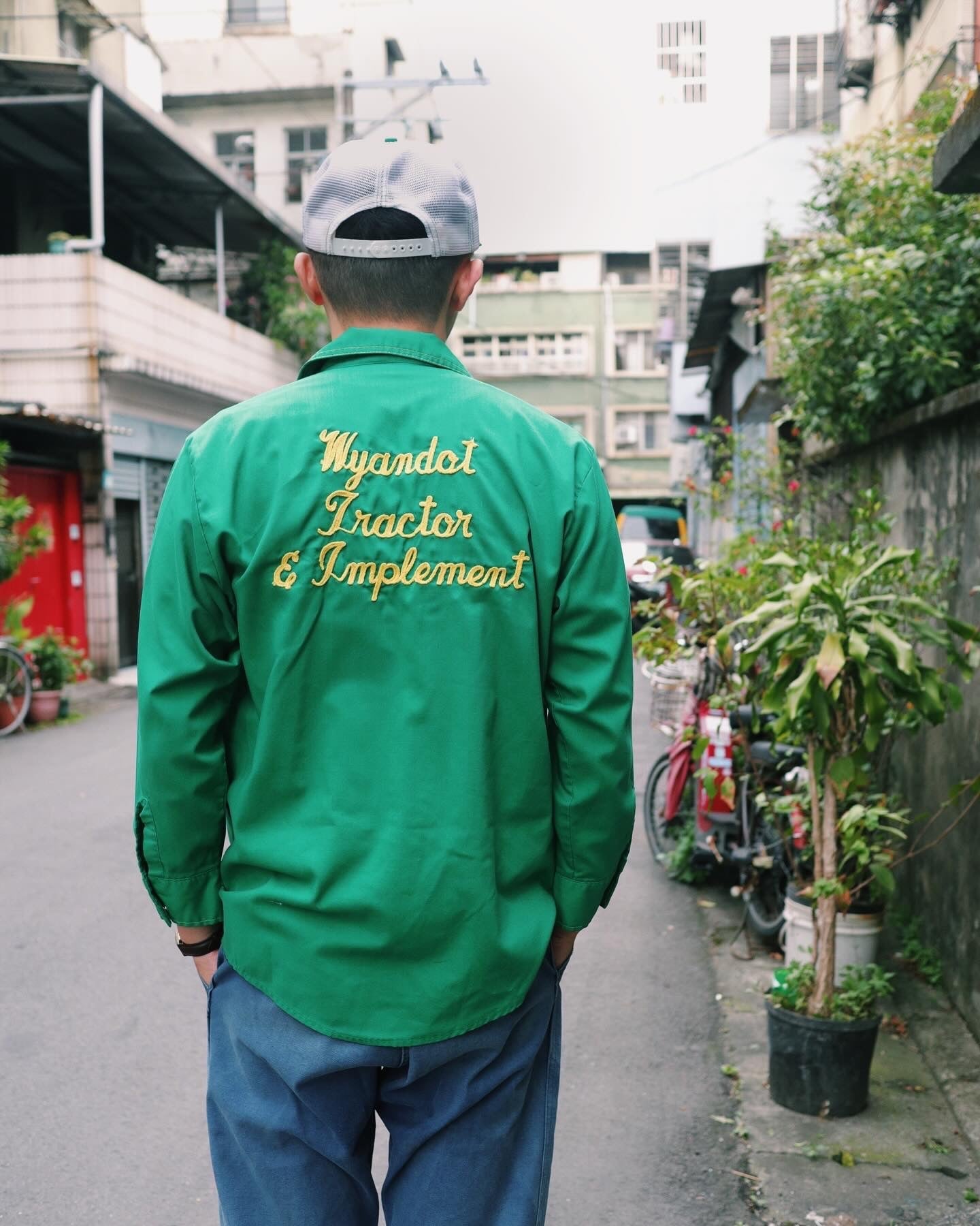 1970s 綠色鎖鍊繡箭領工作襯衫 Union made - 富士鳥古著