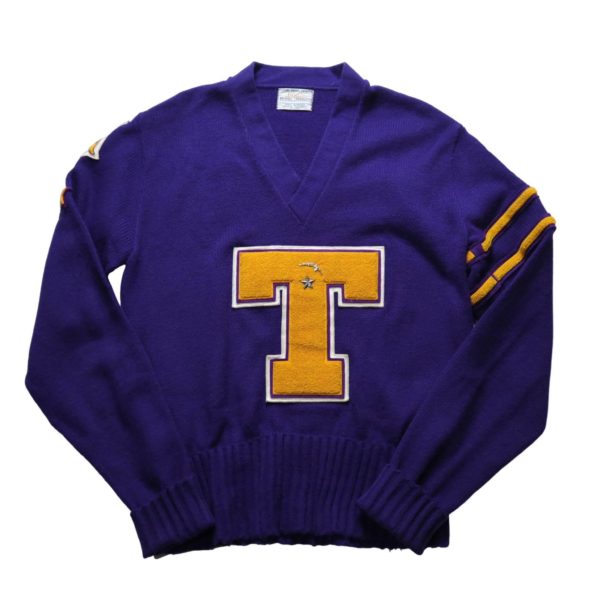 1970s Varsity Sweater patch”T” 紫色V領校園針織衫 - 富士鳥古著