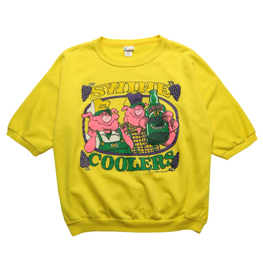 1980s Swine Coolers Sweatshirt made in the United States, piggy yellow short-sleeved sweatshirt