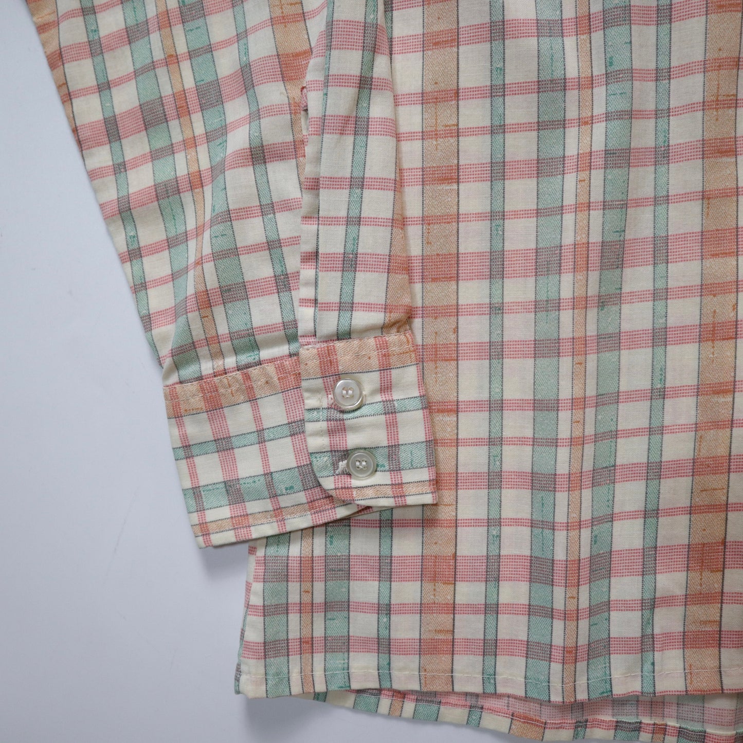 1970s Perma-Press green and pink plaid arrow collar shirt