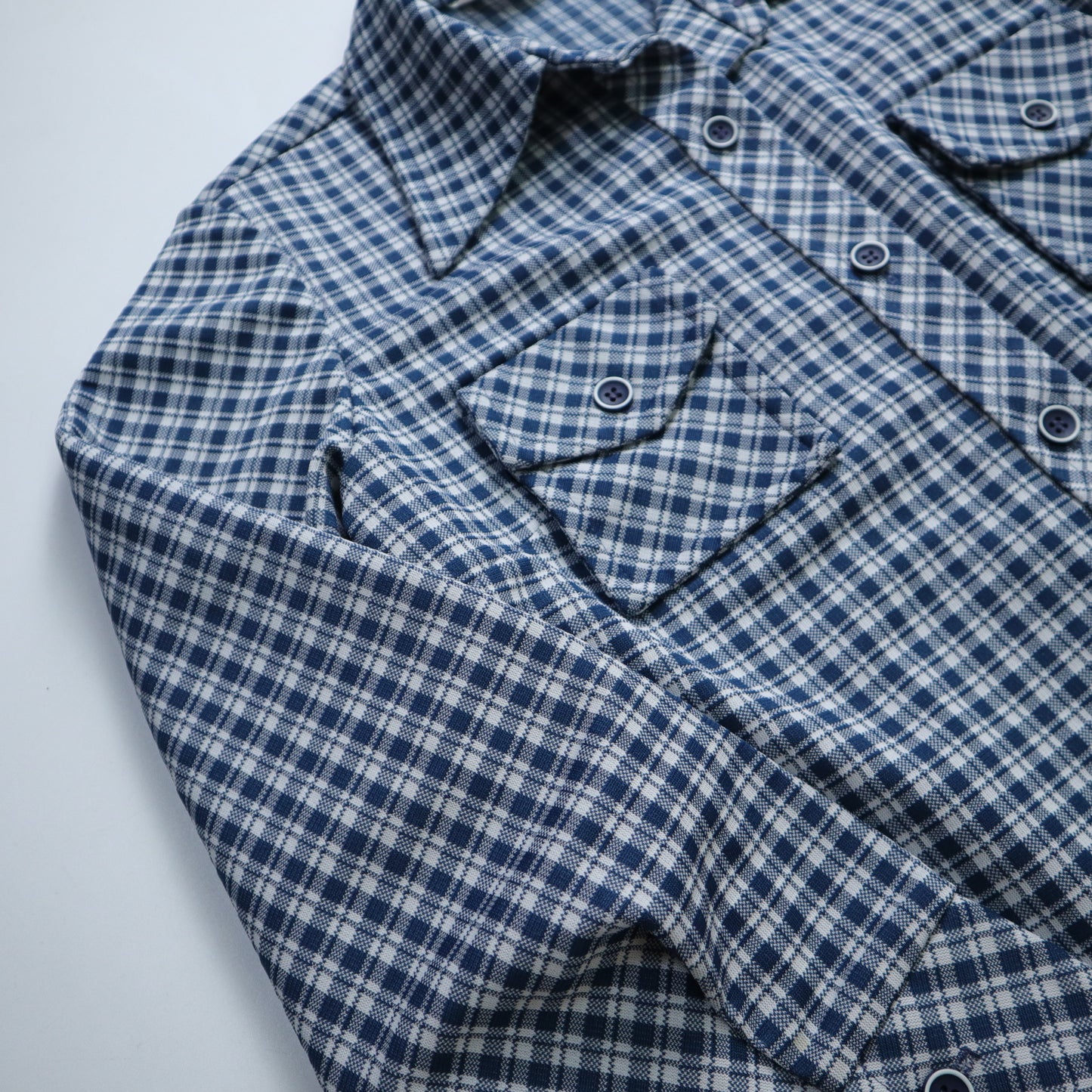 1970s blue and white plaid double pocket arrow collar shirt