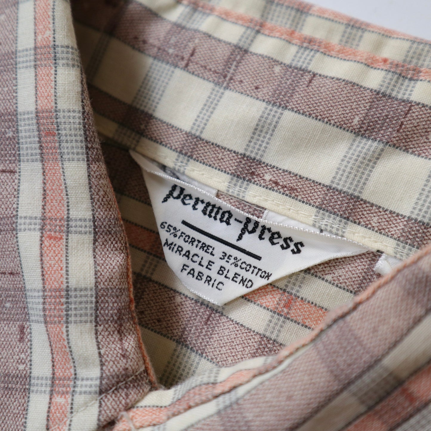 1970s Perma-Press pink and white plaid arrow collar shirt
