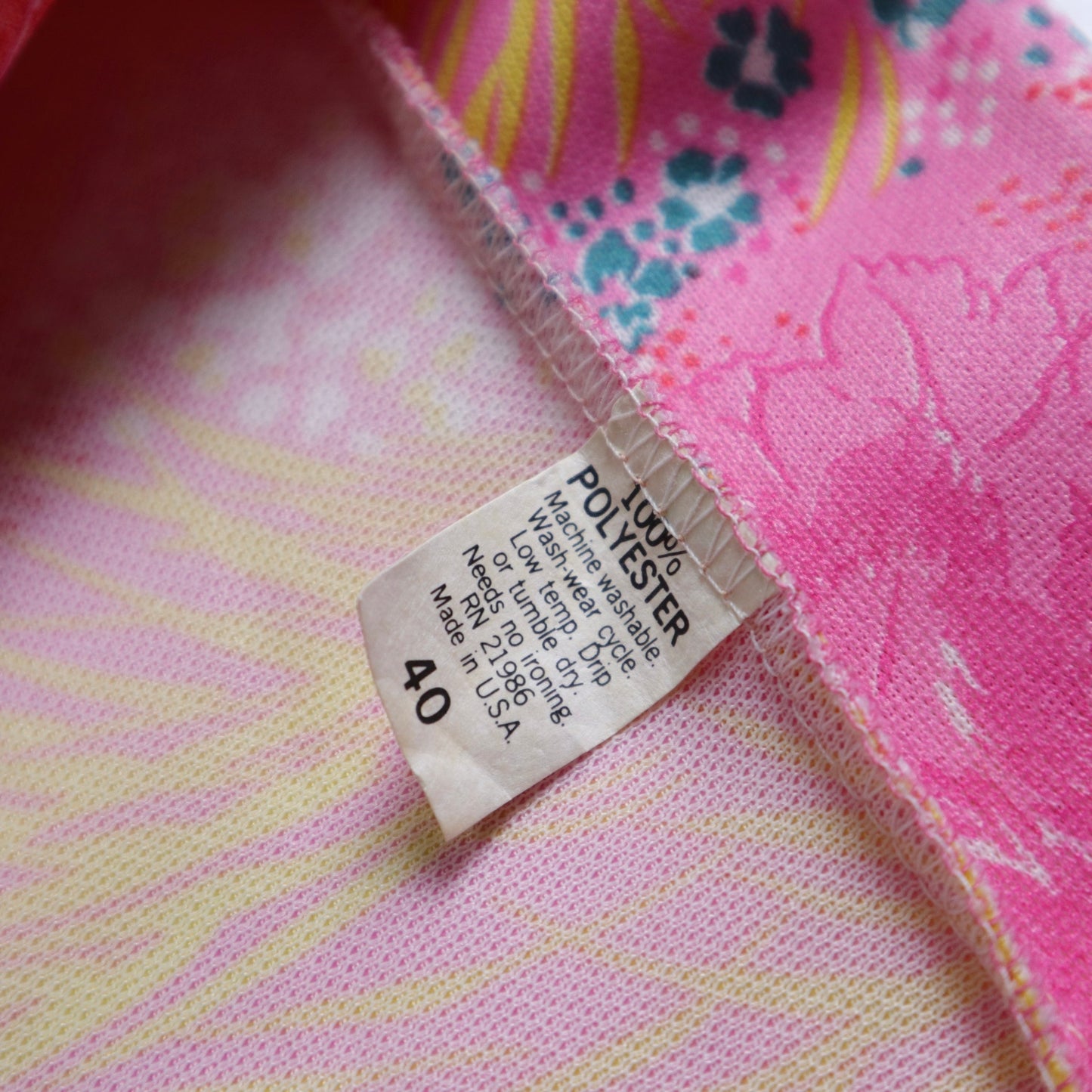 1980s American made pink printed arrow collar shirt in polyester fabric