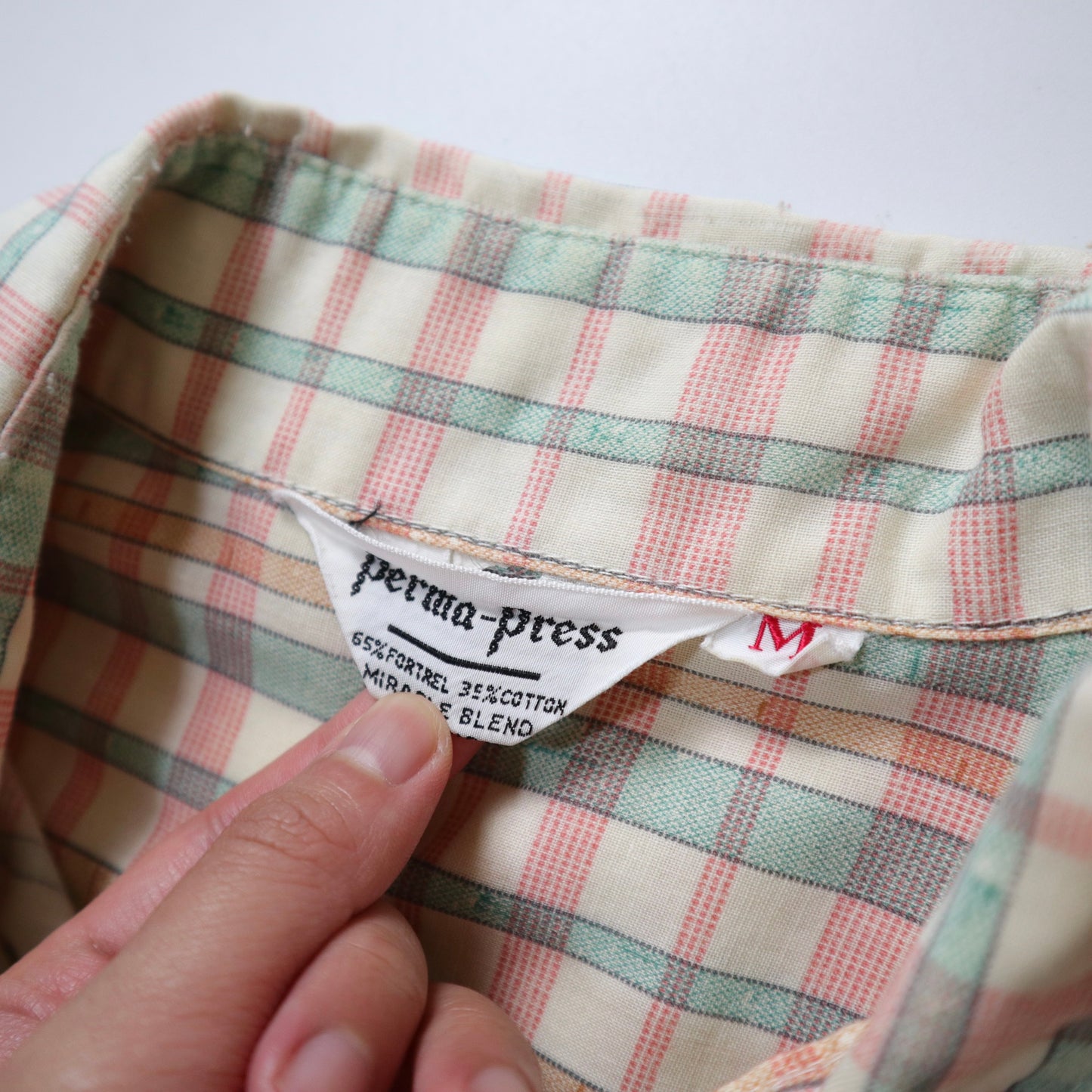 1970s Perma-Press green and pink plaid arrow collar shirt