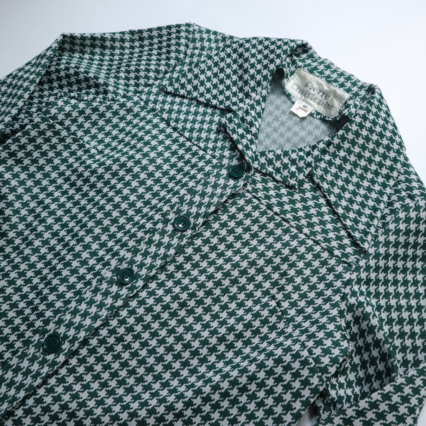 1970s 綠色千鳥格開襟箭領襯衫