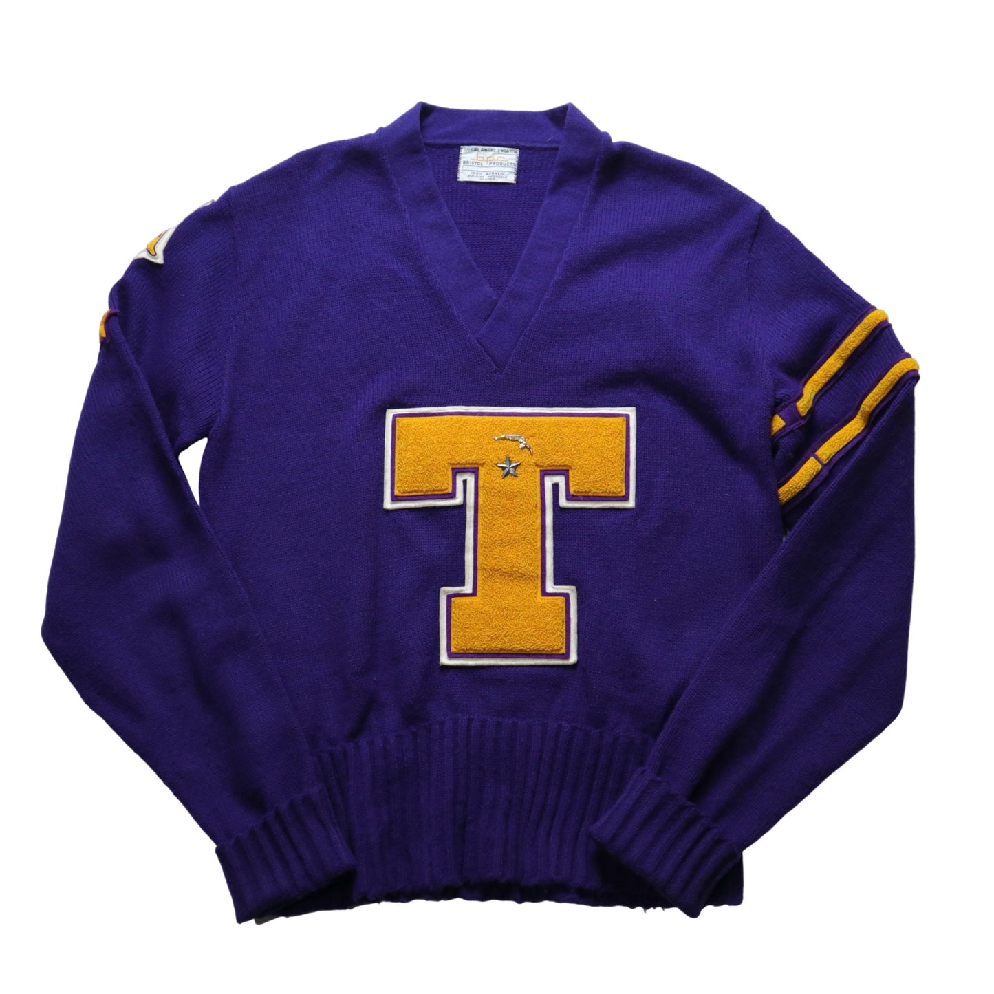 1970年代 Varsity Sweater パッチ「T」 パープル V ネック キャンパス セーター