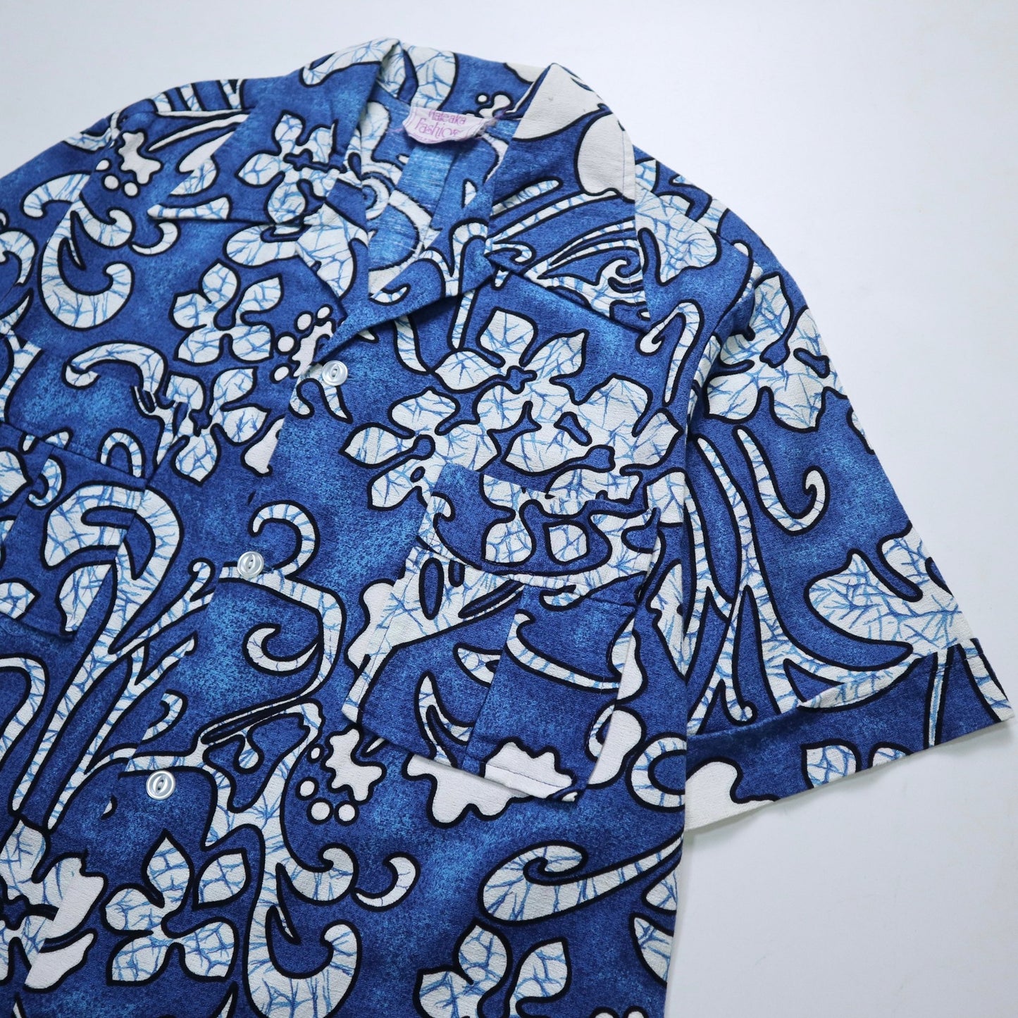 60-70s Barkcloth 夏威夷製 Haleaka Fashions 藍底印花夏威夷襯衫 - 富士鳥古著
