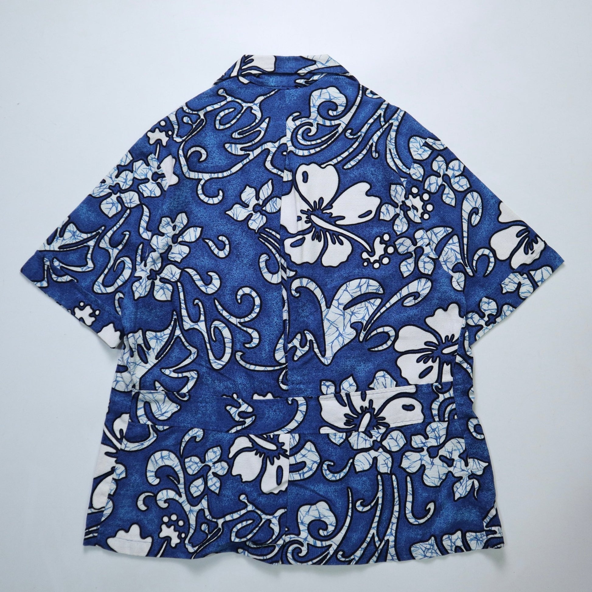 60-70s Barkcloth 夏威夷製 Haleaka Fashions 藍底印花夏威夷襯衫 - 富士鳥古著