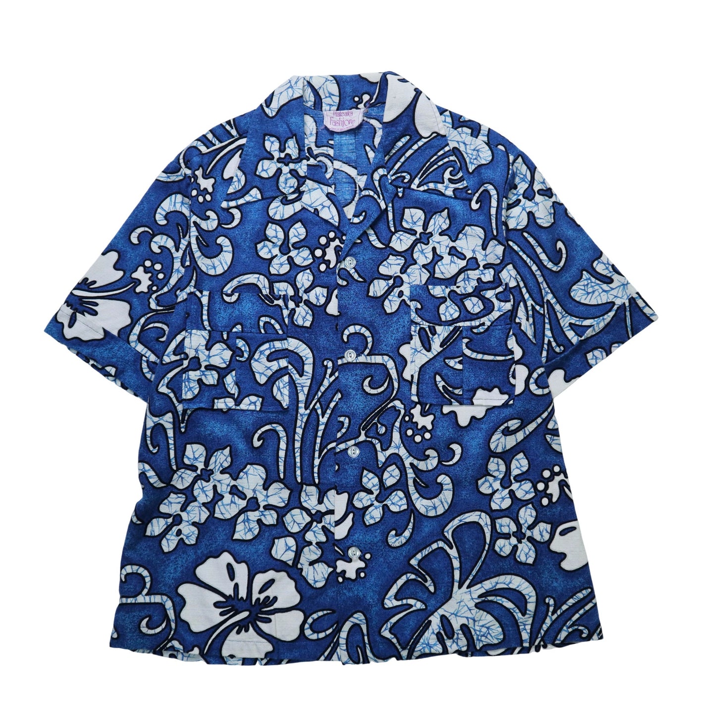 60-70s Barkcloth 夏威夷製 Haleaka Fashions 藍底印花夏威夷襯衫 - 富士鳥古著