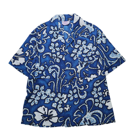 60-70s Barkcloth 夏威夷製 Haleaka Fashions 藍底印花夏威夷襯衫 - 富士鳥古著