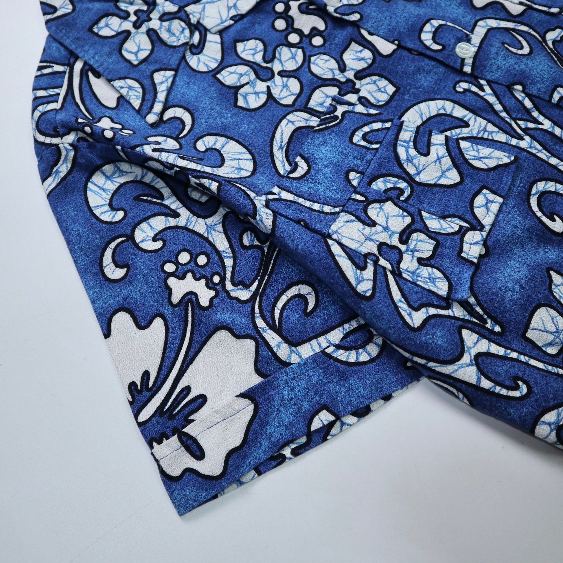 60-70s Barkcloth 夏威夷製 Haleaka Fashions 藍底印花夏威夷襯衫 - 富士鳥古著
