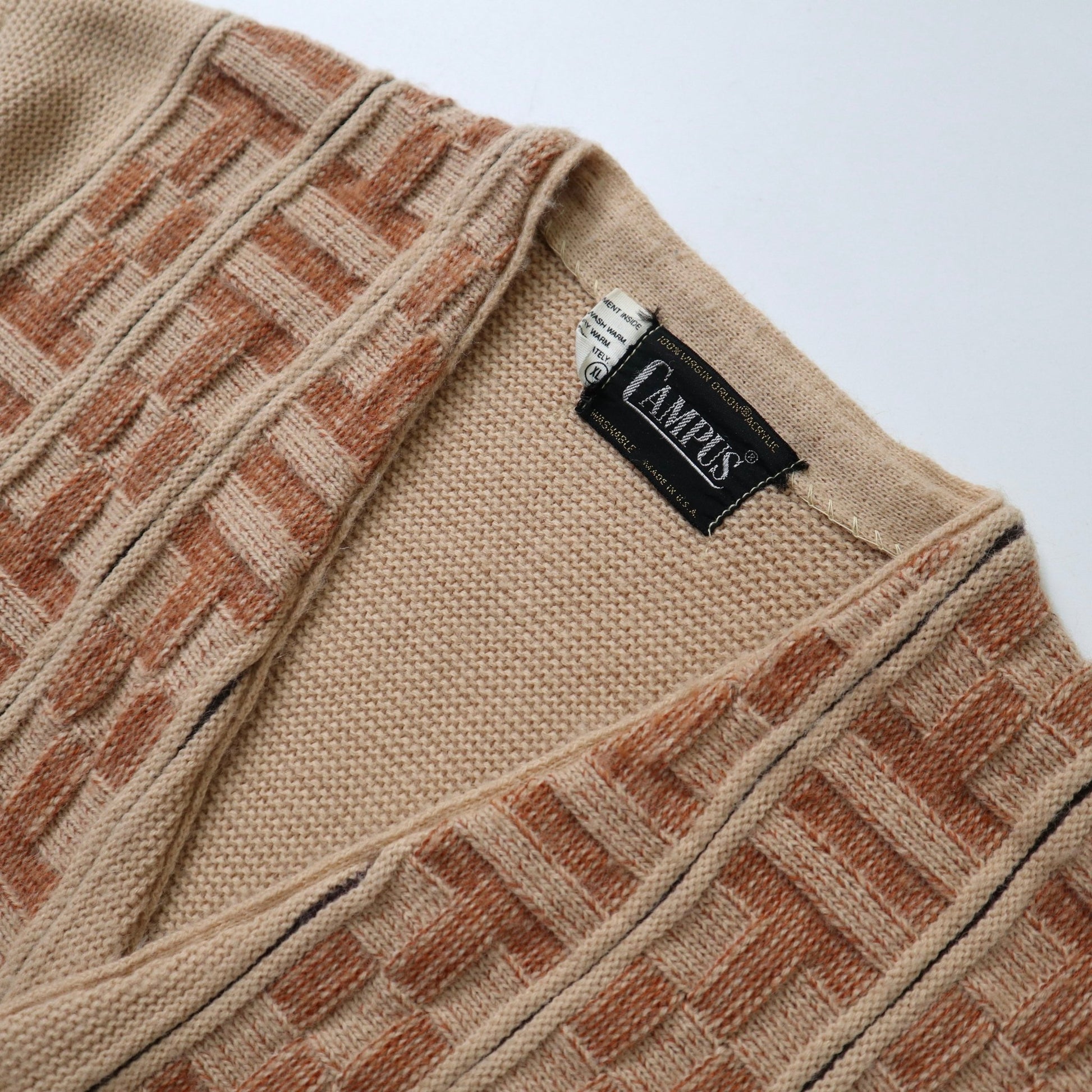 60s Campus 美國製 卡其色立體織紋針織衫 針織外套 - 富士鳥古著