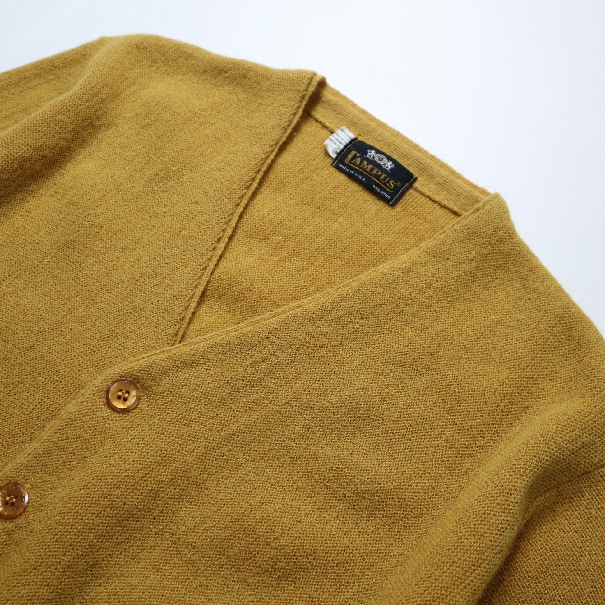 60s Campus 美國製 芥末黃素面開襟針織衫 針織外套 - 富士鳥古著