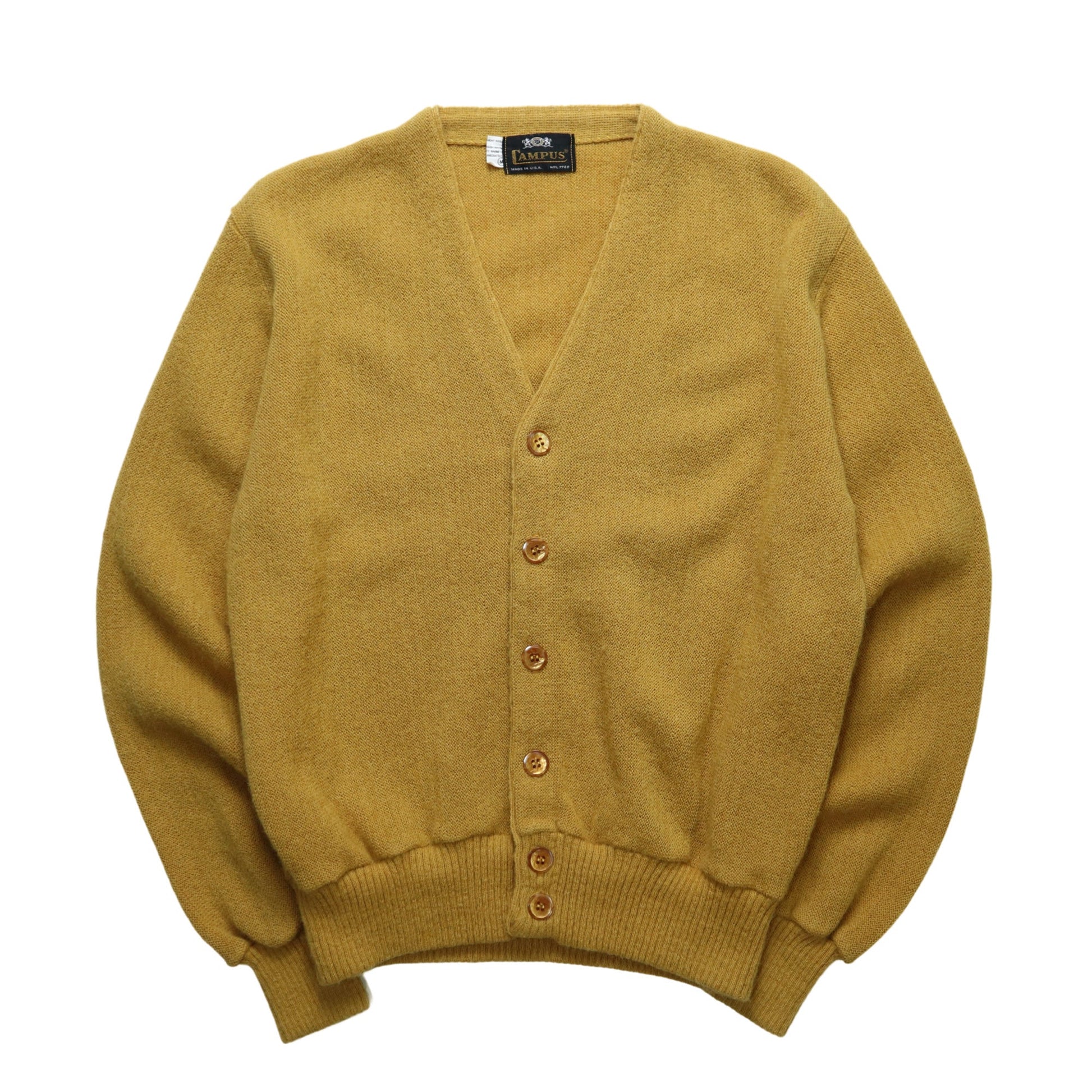 60s Campus 美國製 芥末黃素面開襟針織衫 針織外套 - 富士鳥古著
