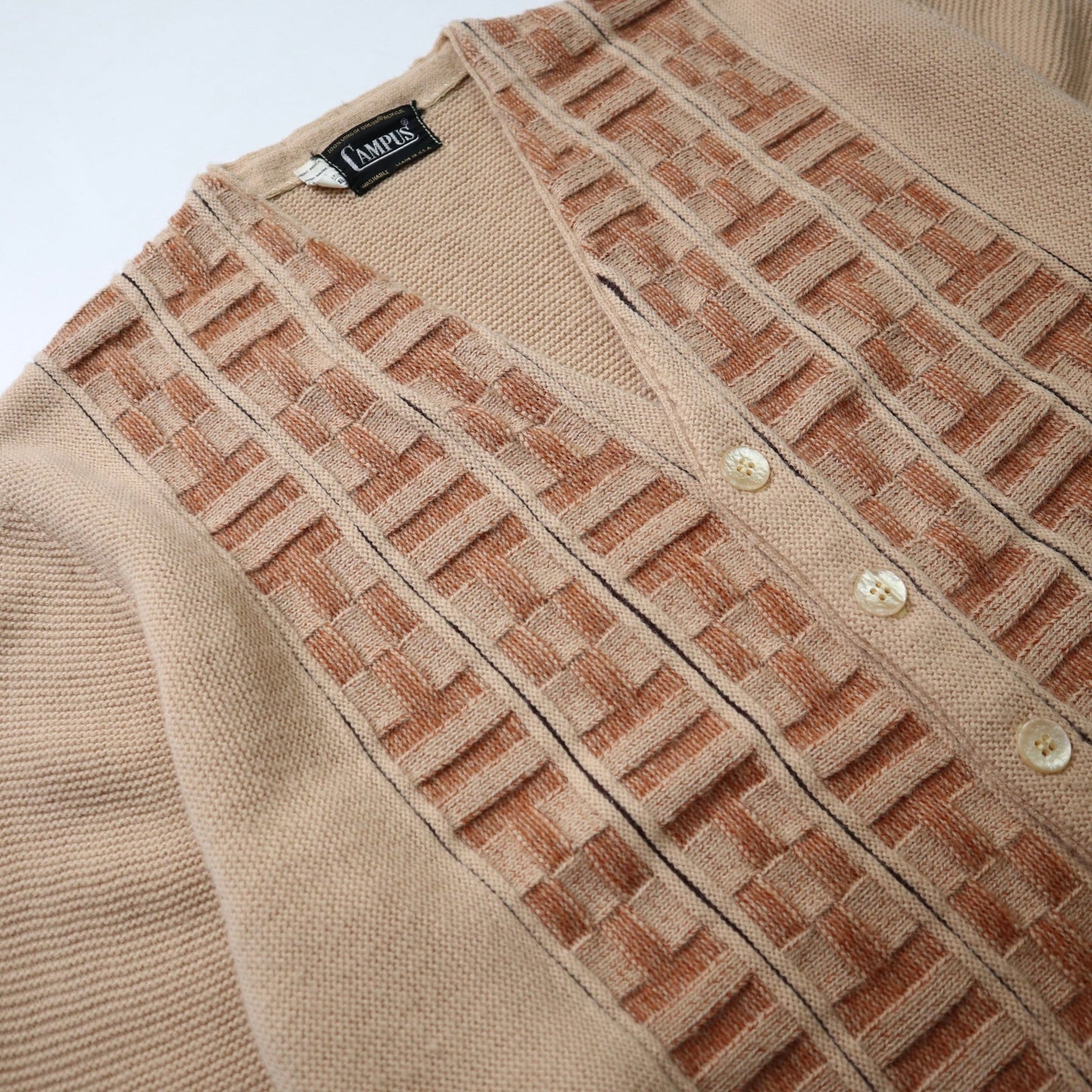60s Campus 美國製 卡其色立體織紋針織衫 針織外套 - 富士鳥古著