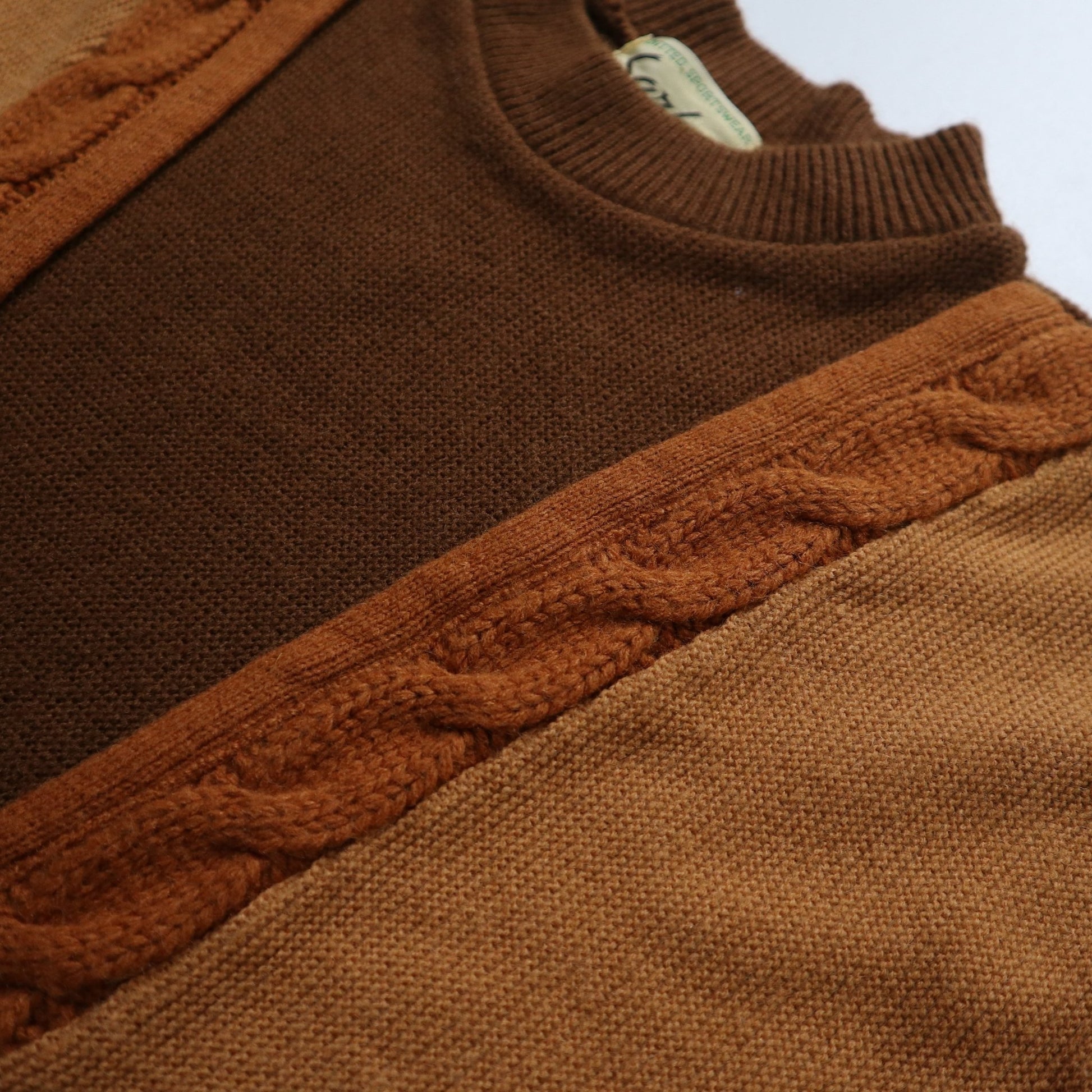 60s Sarby 咖啡色拼色麻花針織衫 針織毛衣 - 富士鳥古著