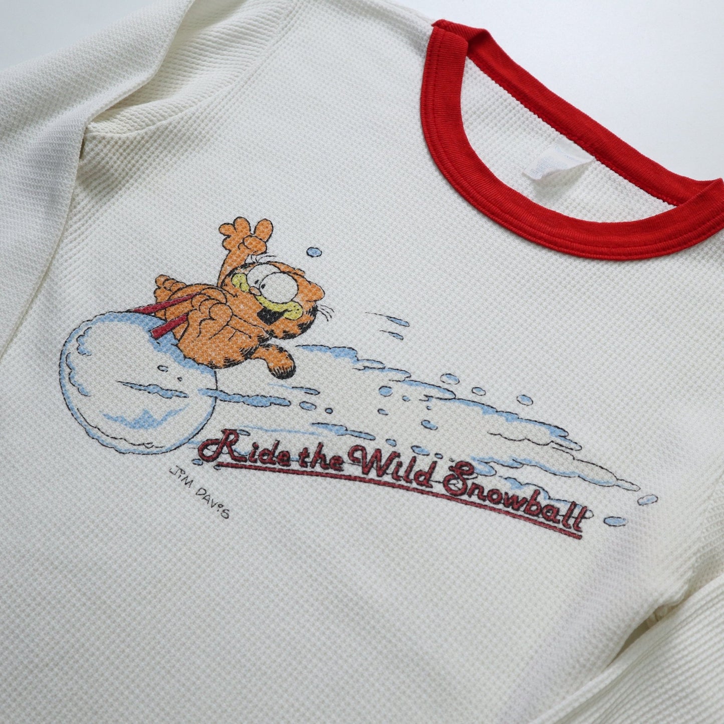 70 - 80s 美國製 加菲貓騎乘雪球 華夫格紋上衣 - 富士鳥古著