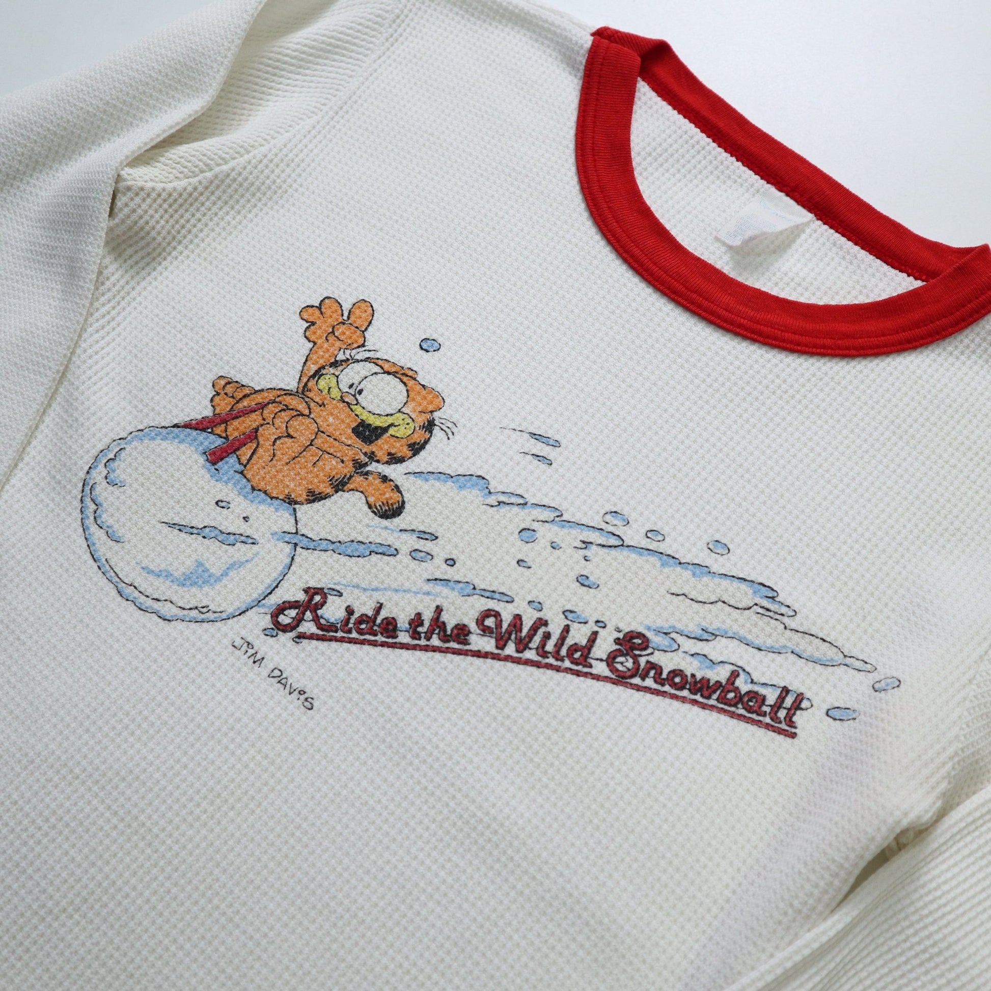 70 - 80s 美國製 加菲貓騎乘雪球 華夫格紋上衣 - 富士鳥古著