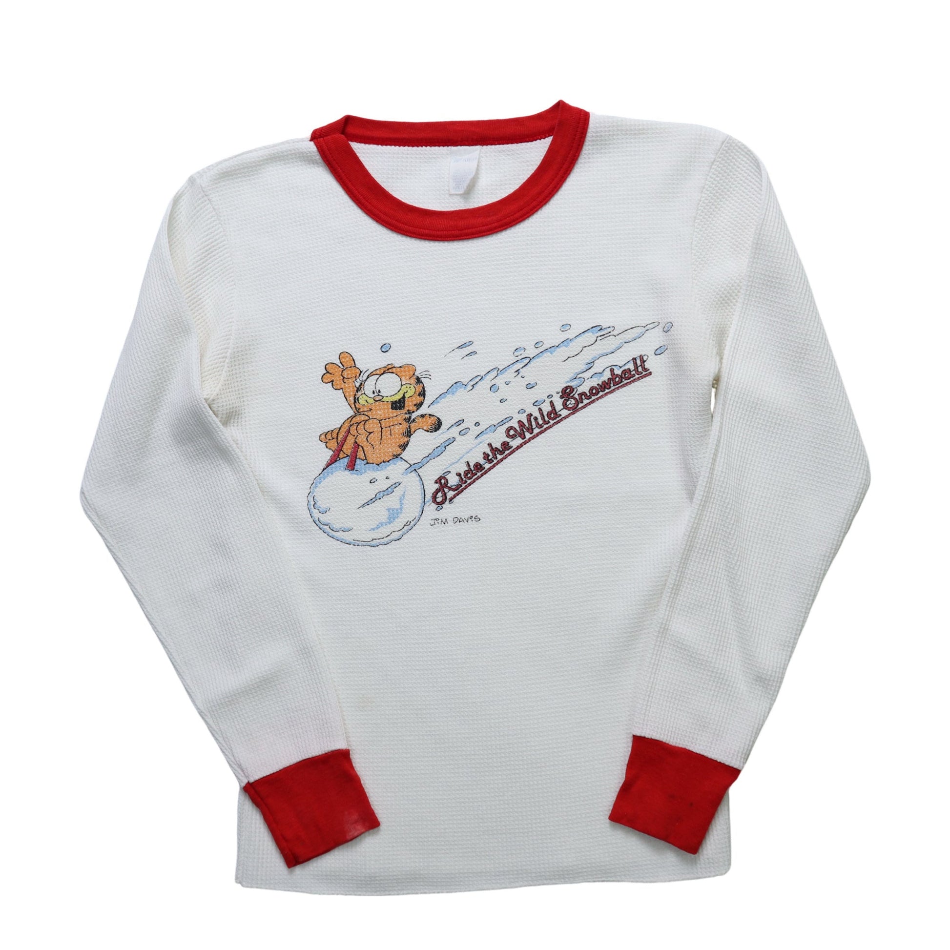 70 - 80s 美國製 加菲貓騎乘雪球 華夫格紋上衣 - 富士鳥古著