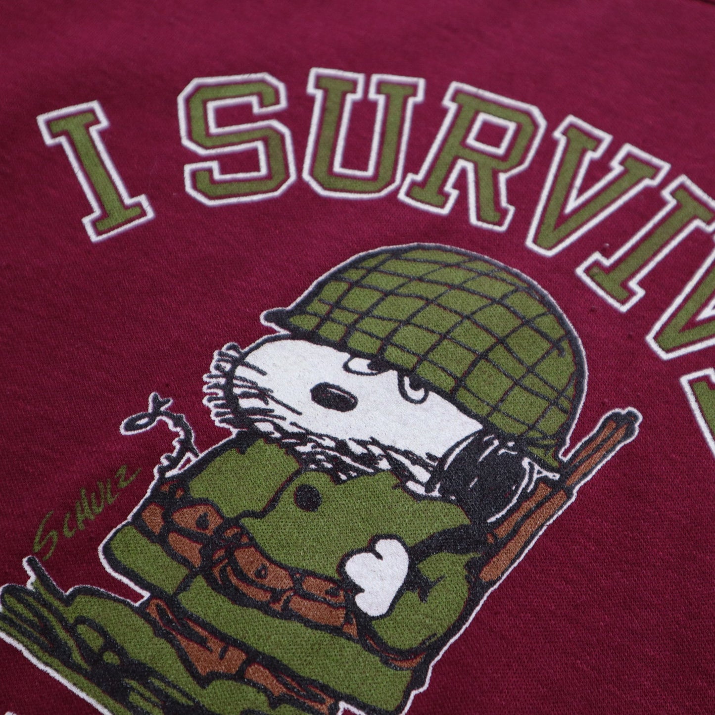 70 - 80s Artex 美國製 Snoopy I Survived 酒紅色五分袖T-Shirt - 富士鳥古著