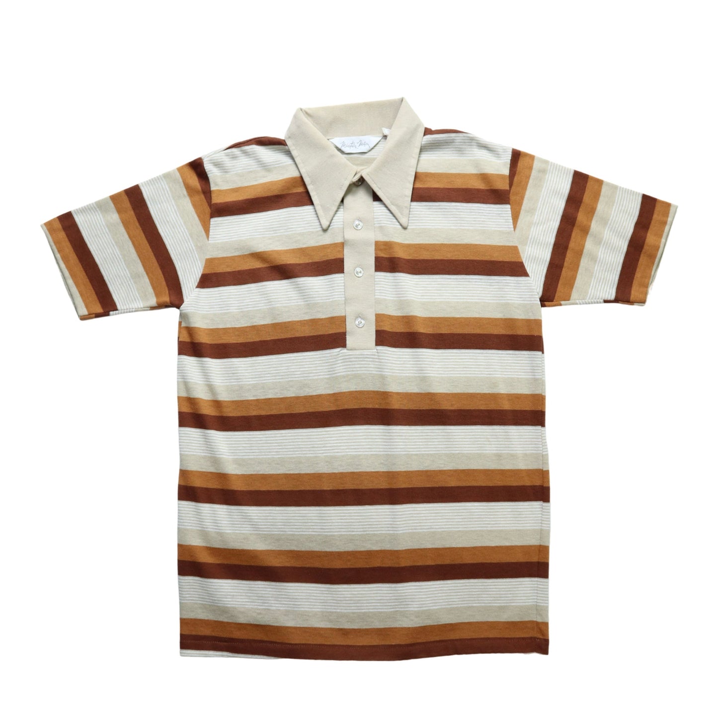 70s 美國製 Mister Man 卡其色條紋尖領Polo衫 休閒襯衫 - 富士鳥古著