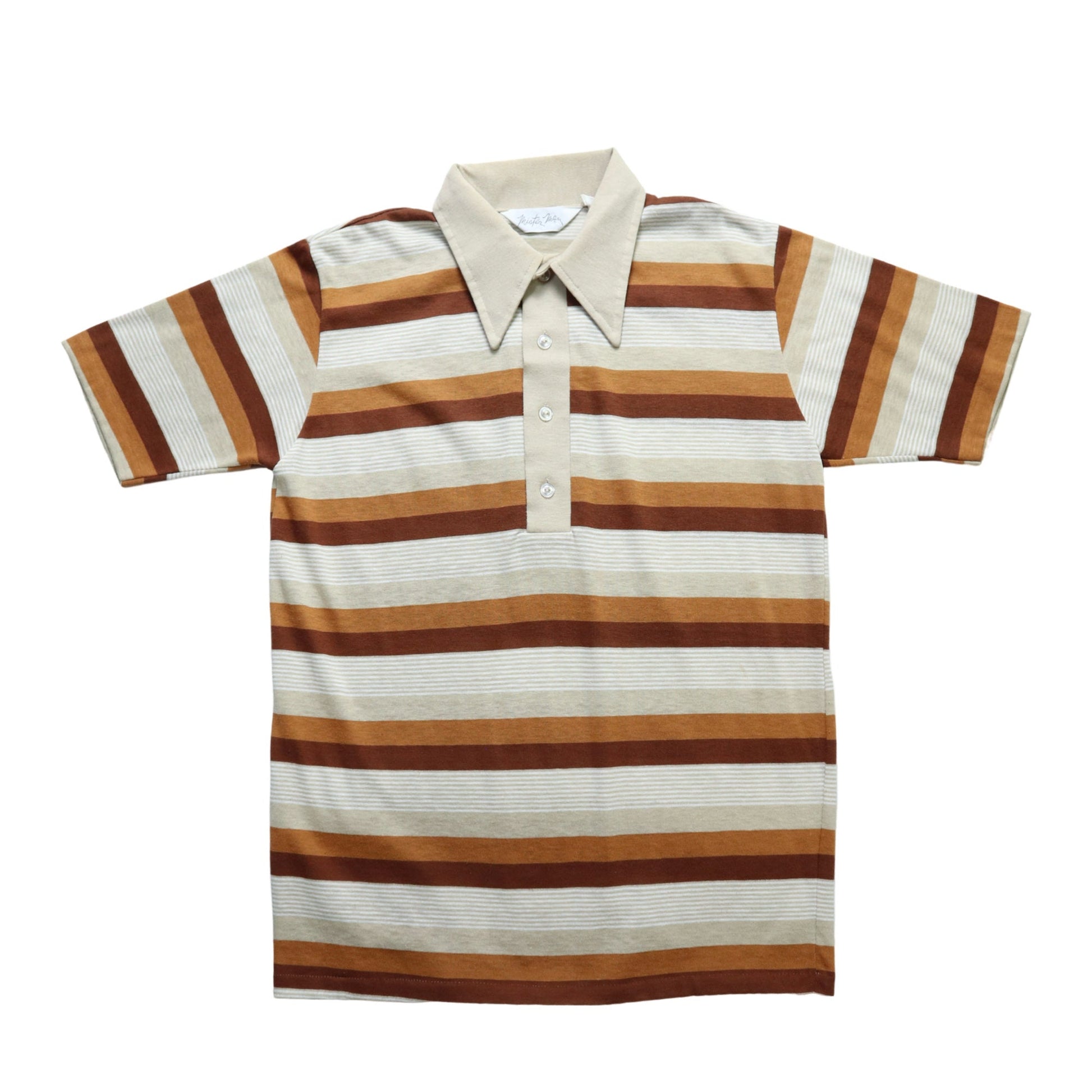 70s 美國製 Mister Man 卡其色條紋尖領Polo衫 休閒襯衫 - 富士鳥古著