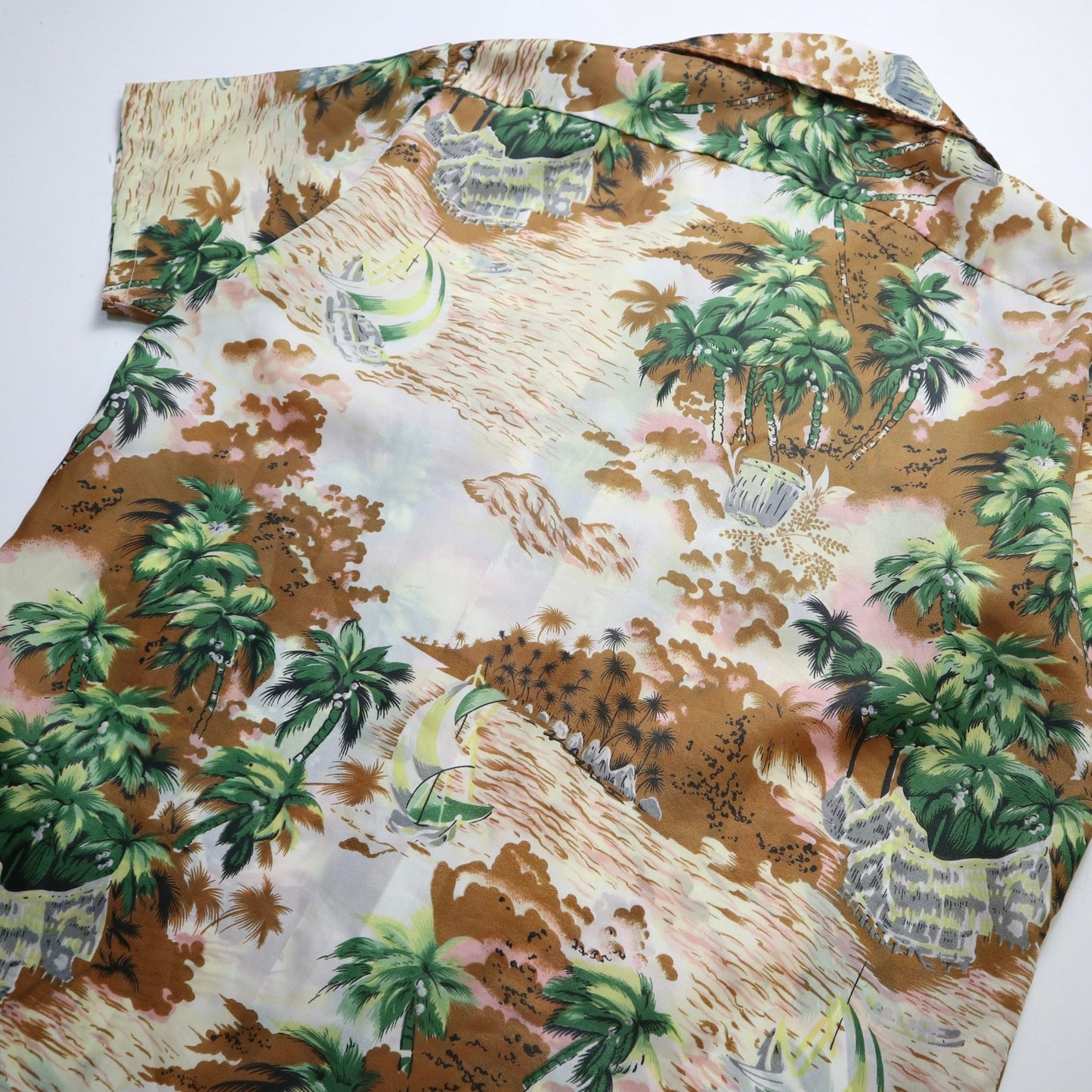 70s Waikiki Holiday 椰子樹與帆船夏威夷襯衫 - 富士鳥古著