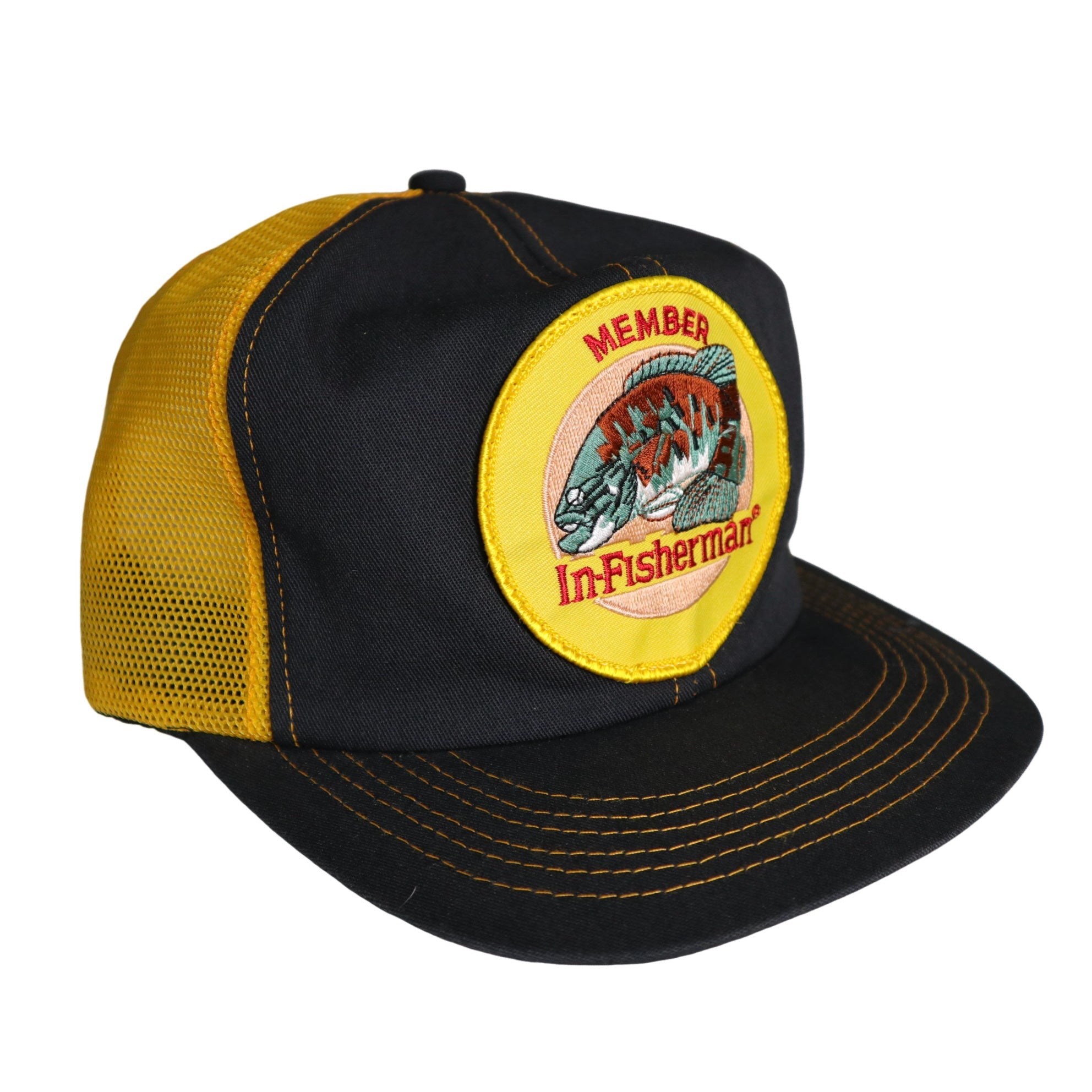 80-90s American-made yellow and black colorblock In-Fisherman embroidered  trucker hat