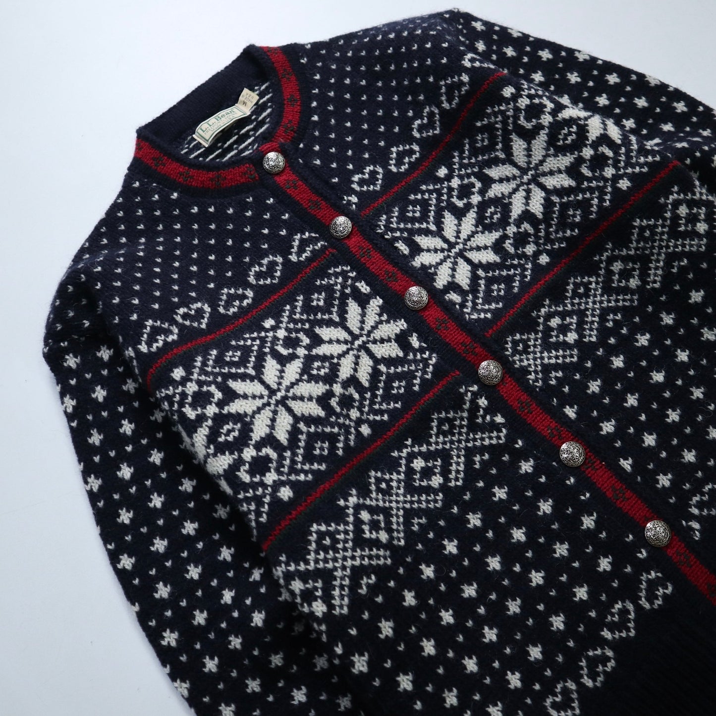 80 - 90s L.L.Bean 美國製 雪花圖騰 挪威羊毛開襟針織衫 - 富士鳥古著
