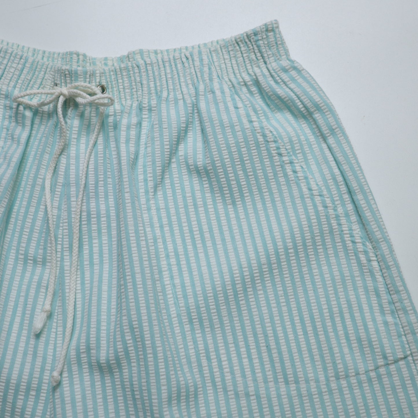 1980s American-made blue and white three-dimensional striped shorts