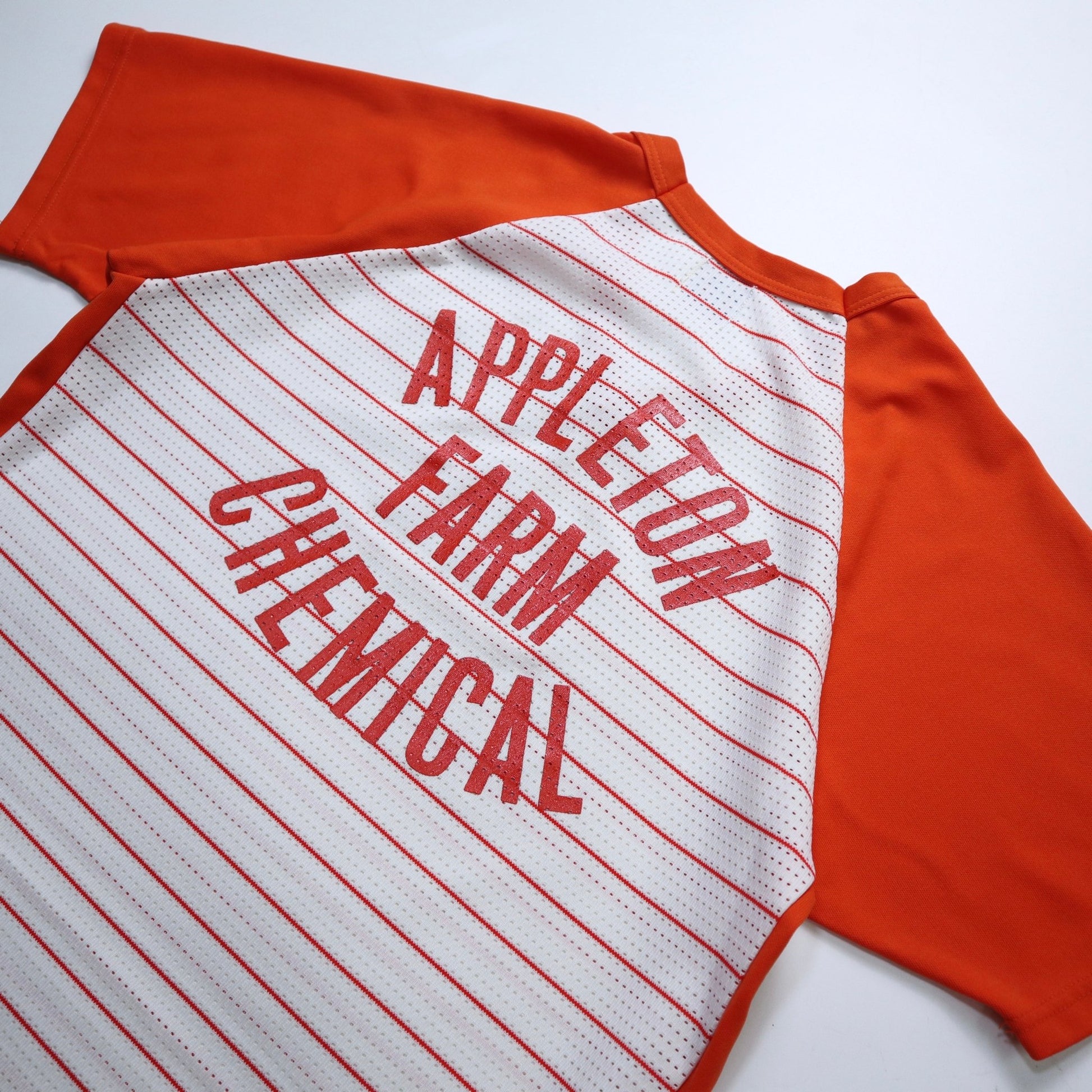 80s APPLETON FARM CHEMICAL 橘白色條紋 網洞T-Shirt - 富士鳥古著