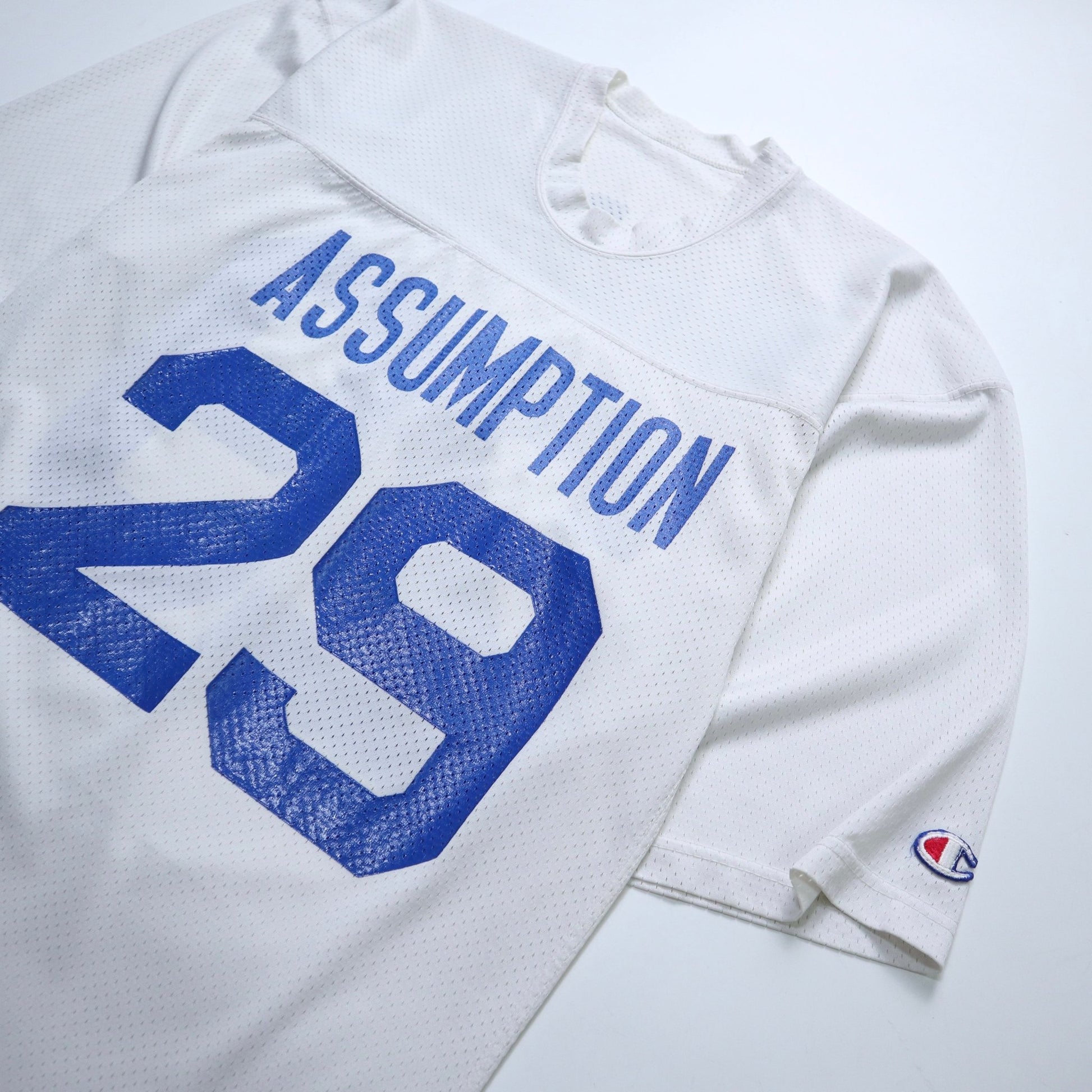 80s 美國製 Champion Assumption University 白色網洞美式足球衣 - 富士鳥古著