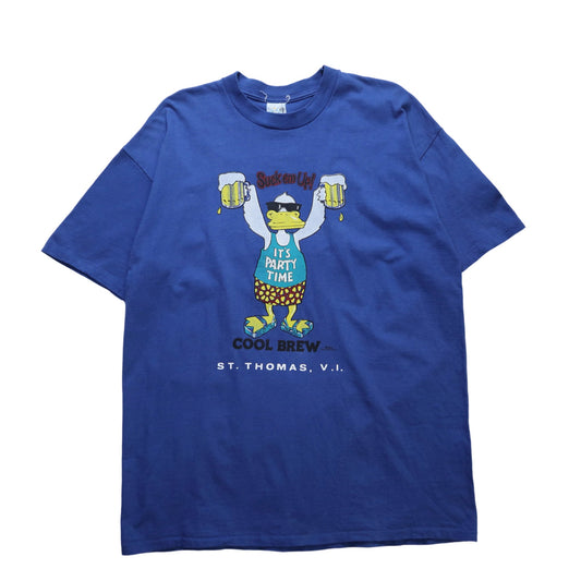 80s 美國製 聖托馬斯島COOL BREW 藍底鴨子膠印tee - 富士鳥古著