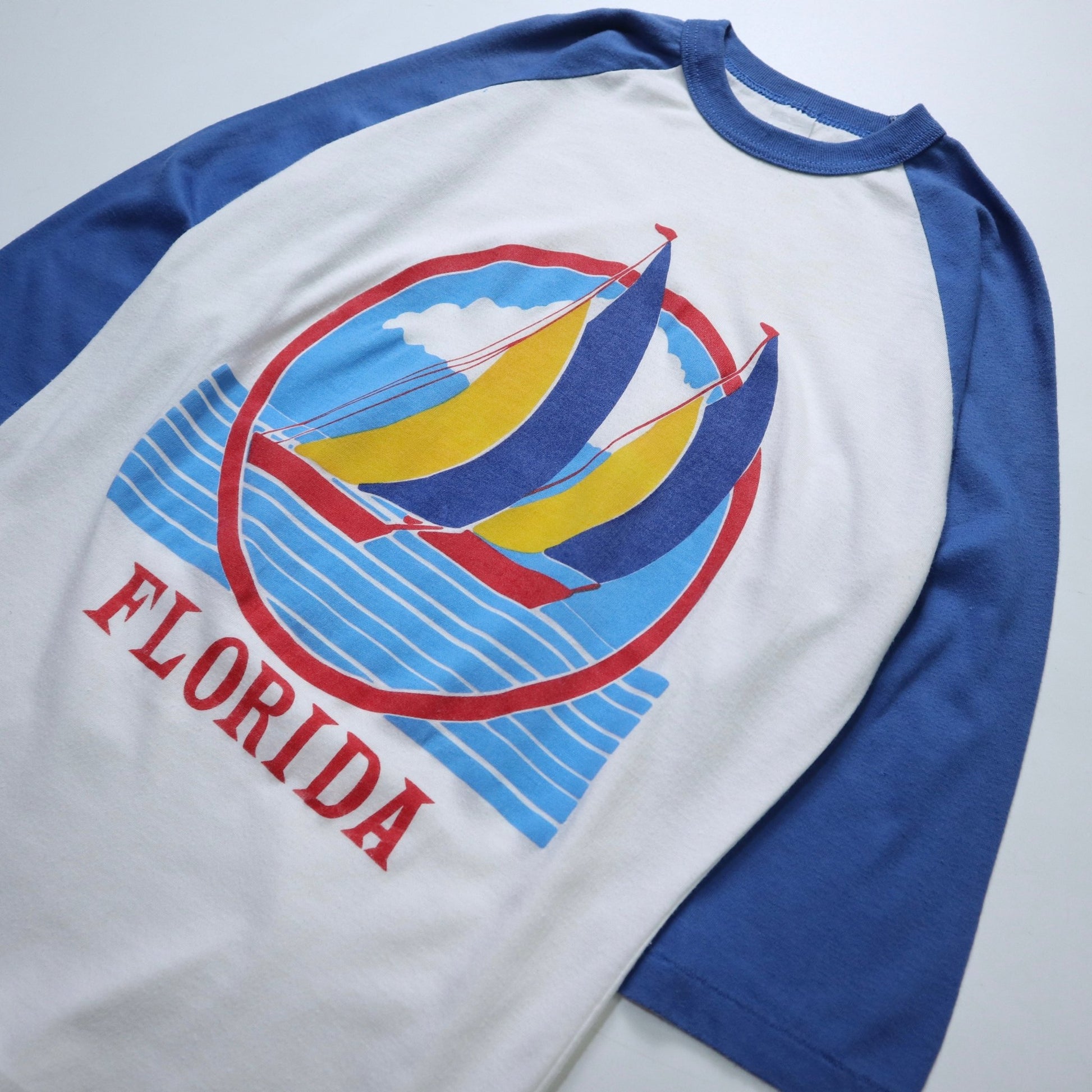 80s Florida 帆船圖騰七分袖上衣 Single Stitch - 富士鳥古著