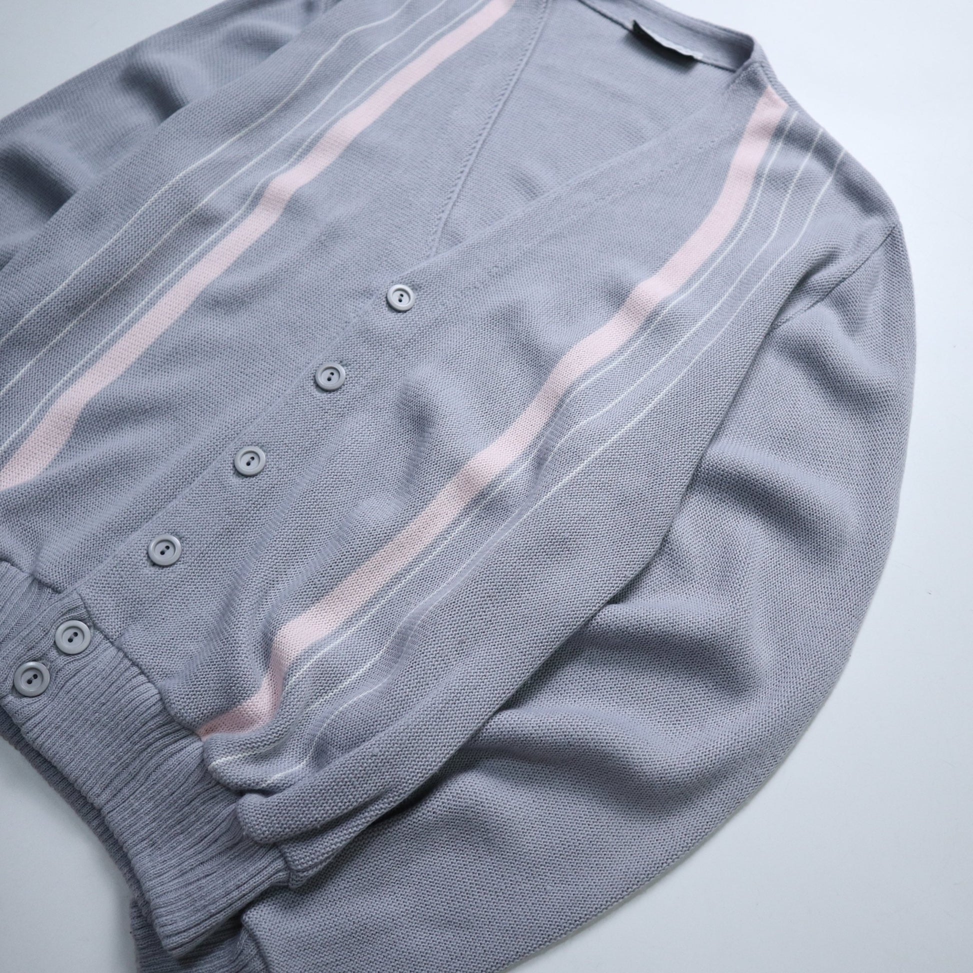 80s Leo Gemelli 英國製 藍灰色條紋開襟針織衫 針織外套 - 富士鳥古著