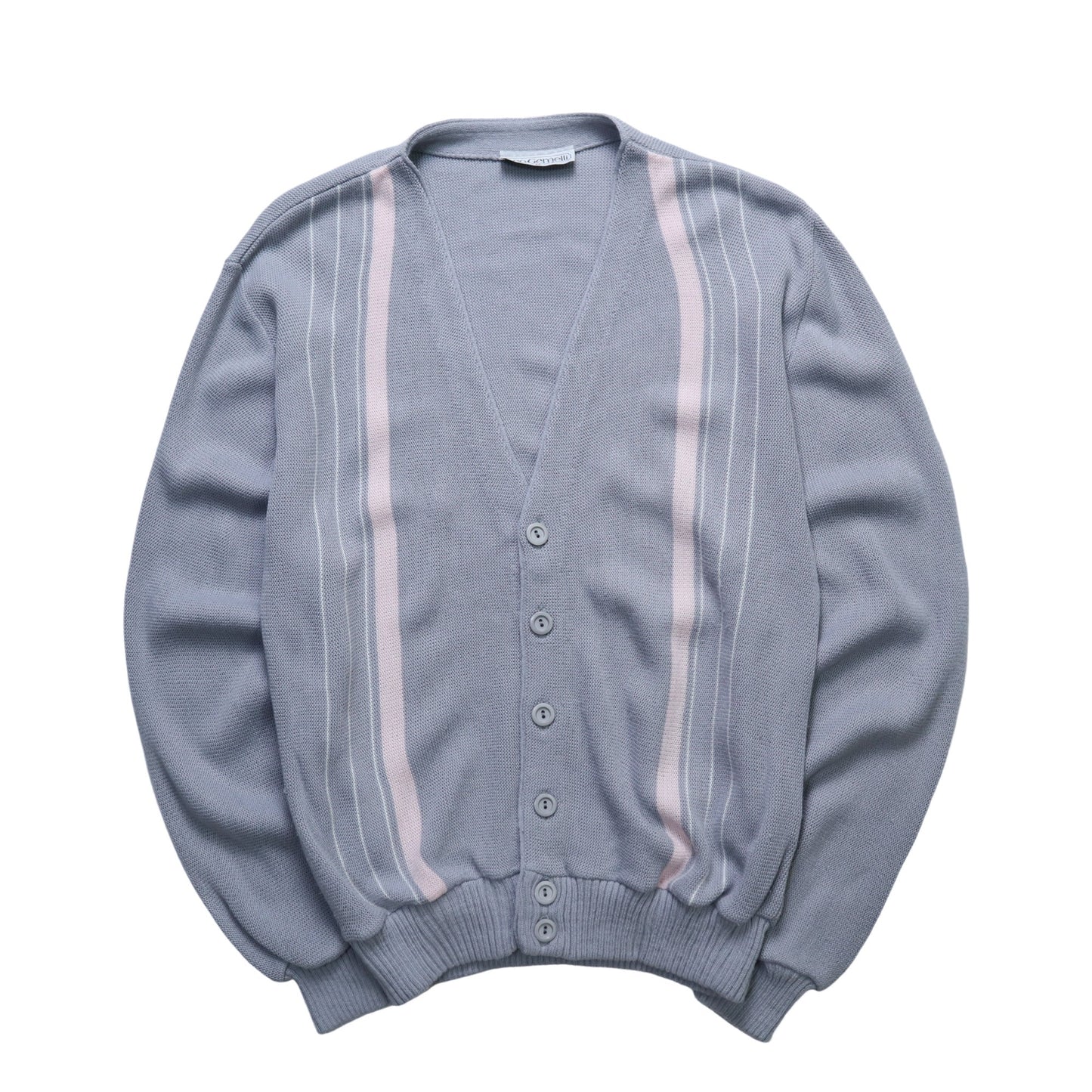 80s Leo Gemelli 英國製 藍灰色條紋開襟針織衫 針織外套 - 富士鳥古著