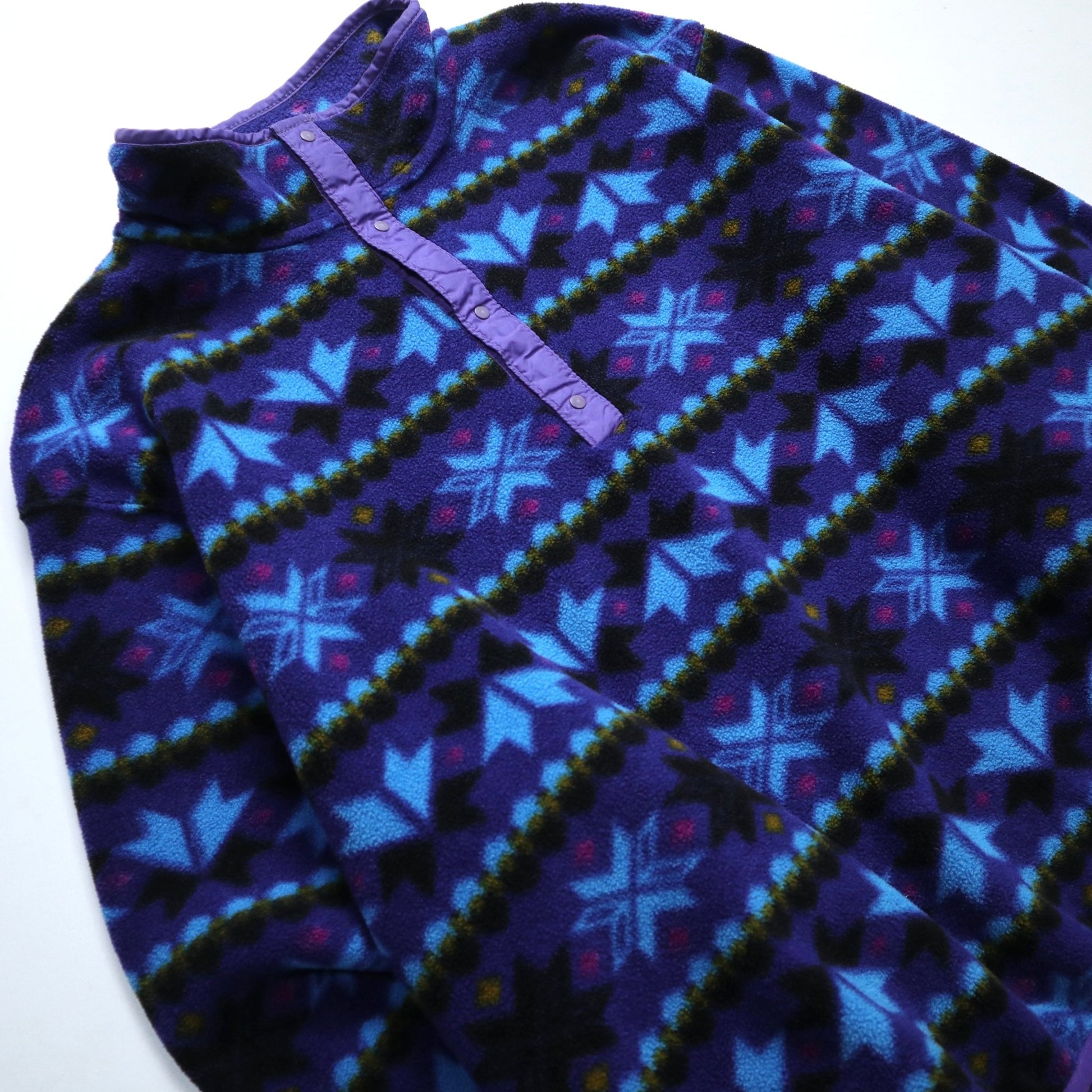 80s L.L.Bean 美國製 藍紫色幾何圖騰抓毛絨套頭衫 - 富士鳥古著