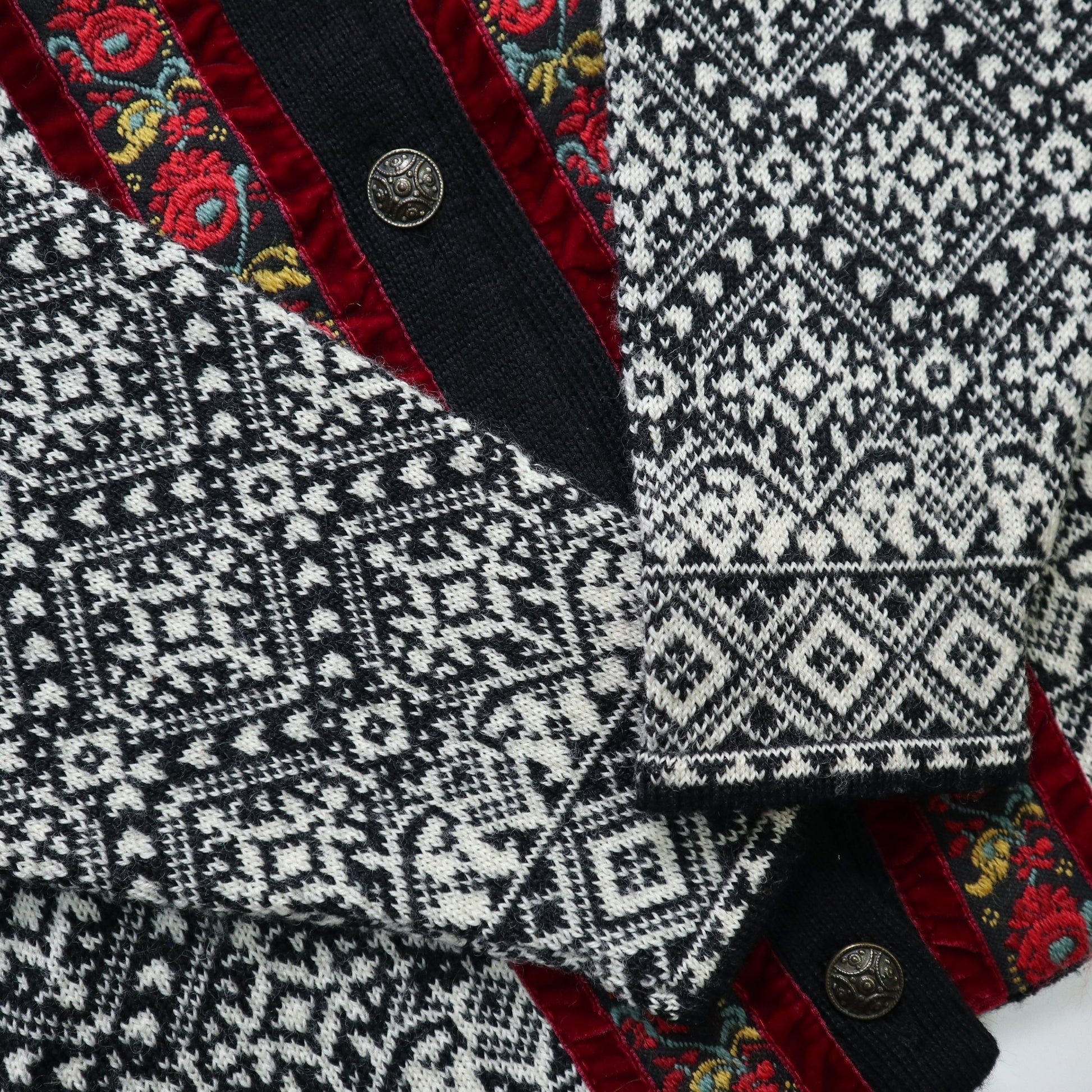 80s Norskwear 冰島製 花卉刺繡 挪威羊毛開襟針織衫 - 富士鳥古著