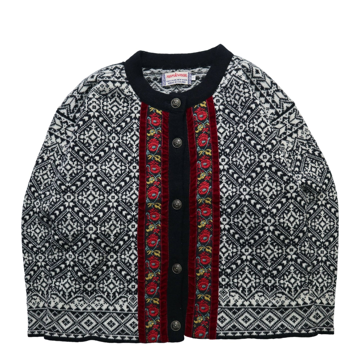 80s Norskwear 冰島製 花卉刺繡 挪威羊毛開襟針織衫 - 富士鳥古著