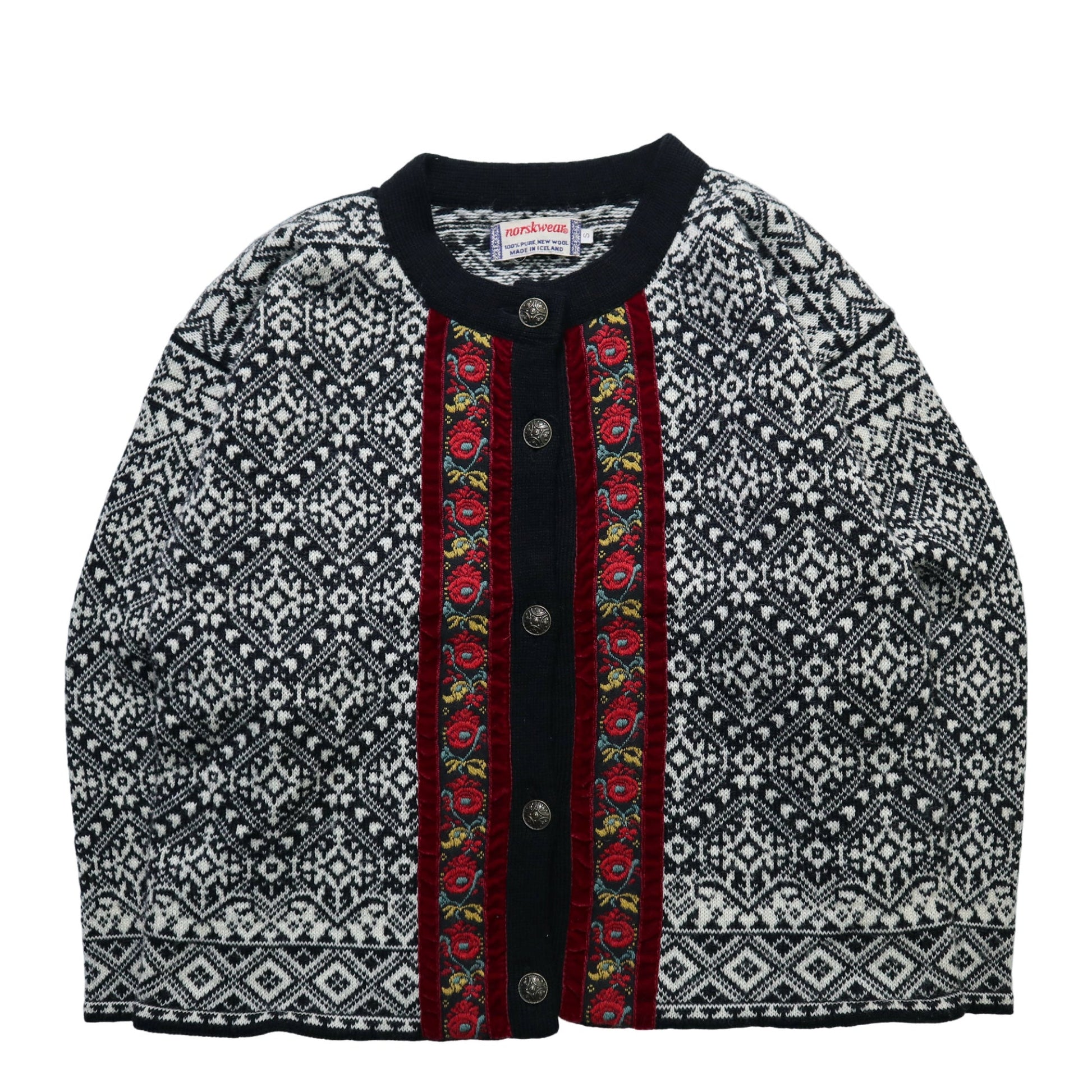 80s Norskwear 冰島製 花卉刺繡 挪威羊毛開襟針織衫 - 富士鳥古著